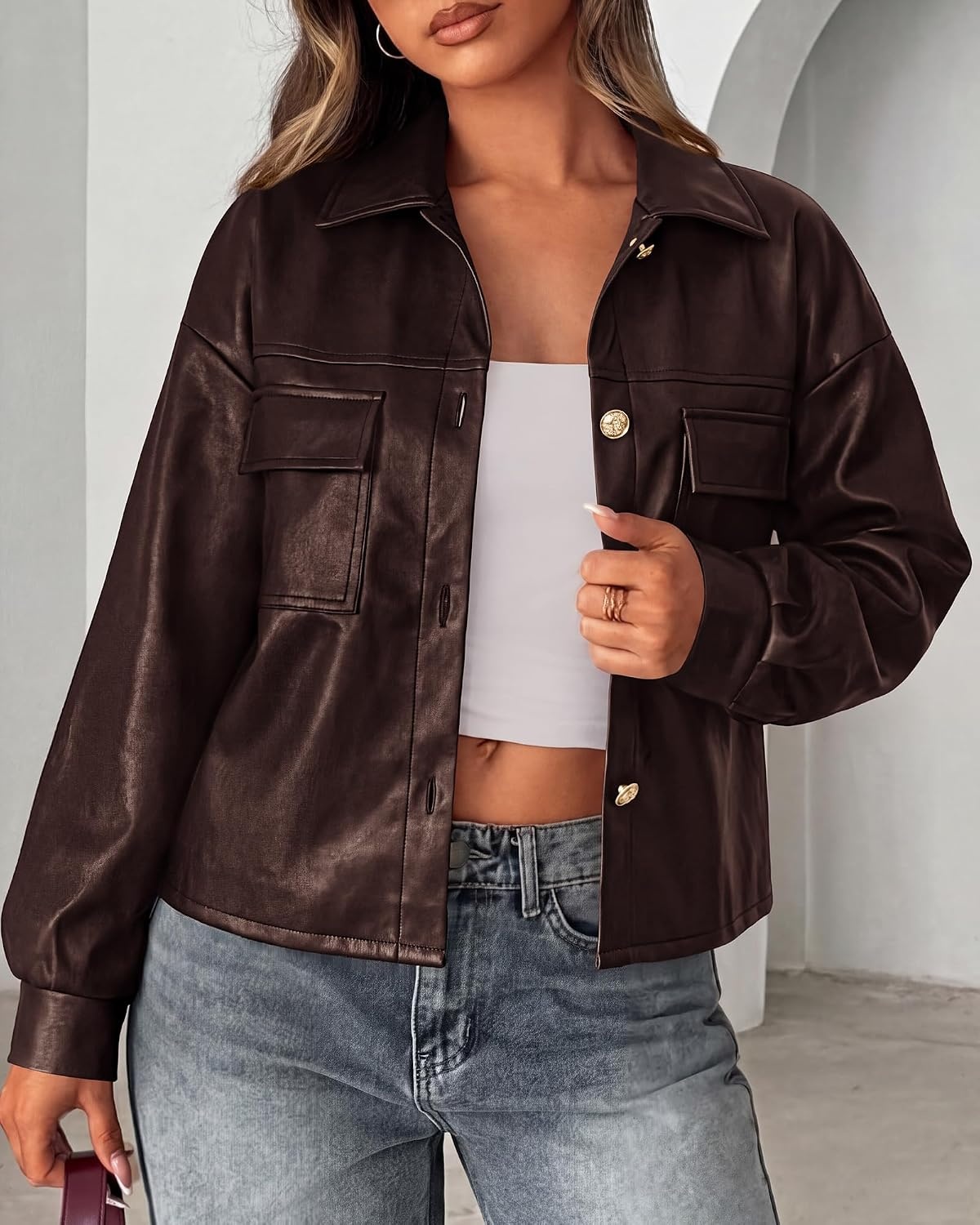 image:imagePRETTYGADEN Womens Button Down Faux Leather Jacket Fall Fashion Turn Down Collar Winter Coats Patch Pockets Motorcycle Bomber Jackets Casual Spring Holiday Travel OuterwearBrown