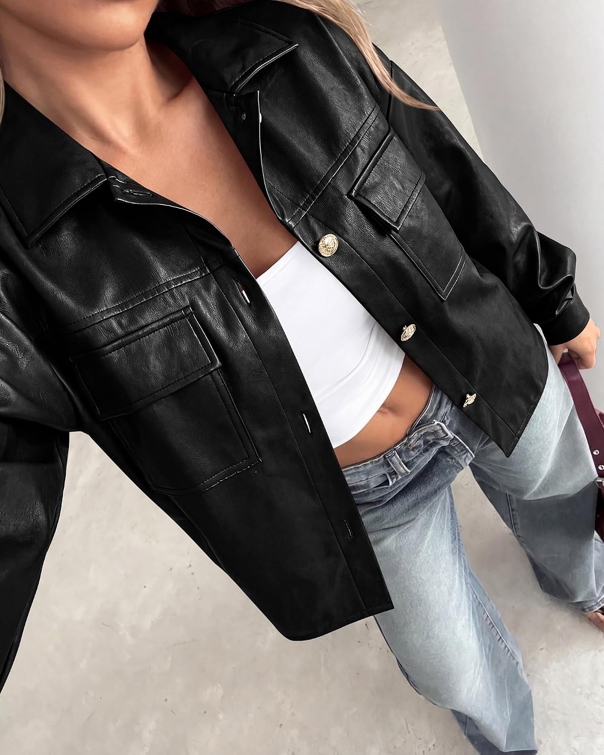 image:imagePRETTYGADEN Womens Button Down Faux Leather Jacket Fall Fashion Turn Down Collar Winter Coats Patch Pockets Motorcycle Bomber Jackets Casual Spring Holiday Travel OuterwearBlack