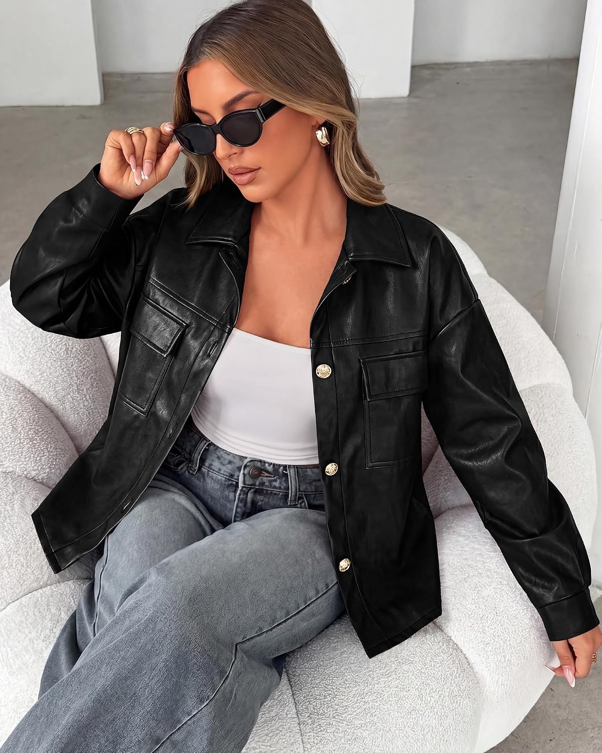 image:imagePRETTYGADEN Womens Button Down Faux Leather Jacket Fall Fashion Turn Down Collar Winter Coats Patch Pockets Motorcycle Bomber Jackets Casual Spring Holiday Travel OuterwearBlack