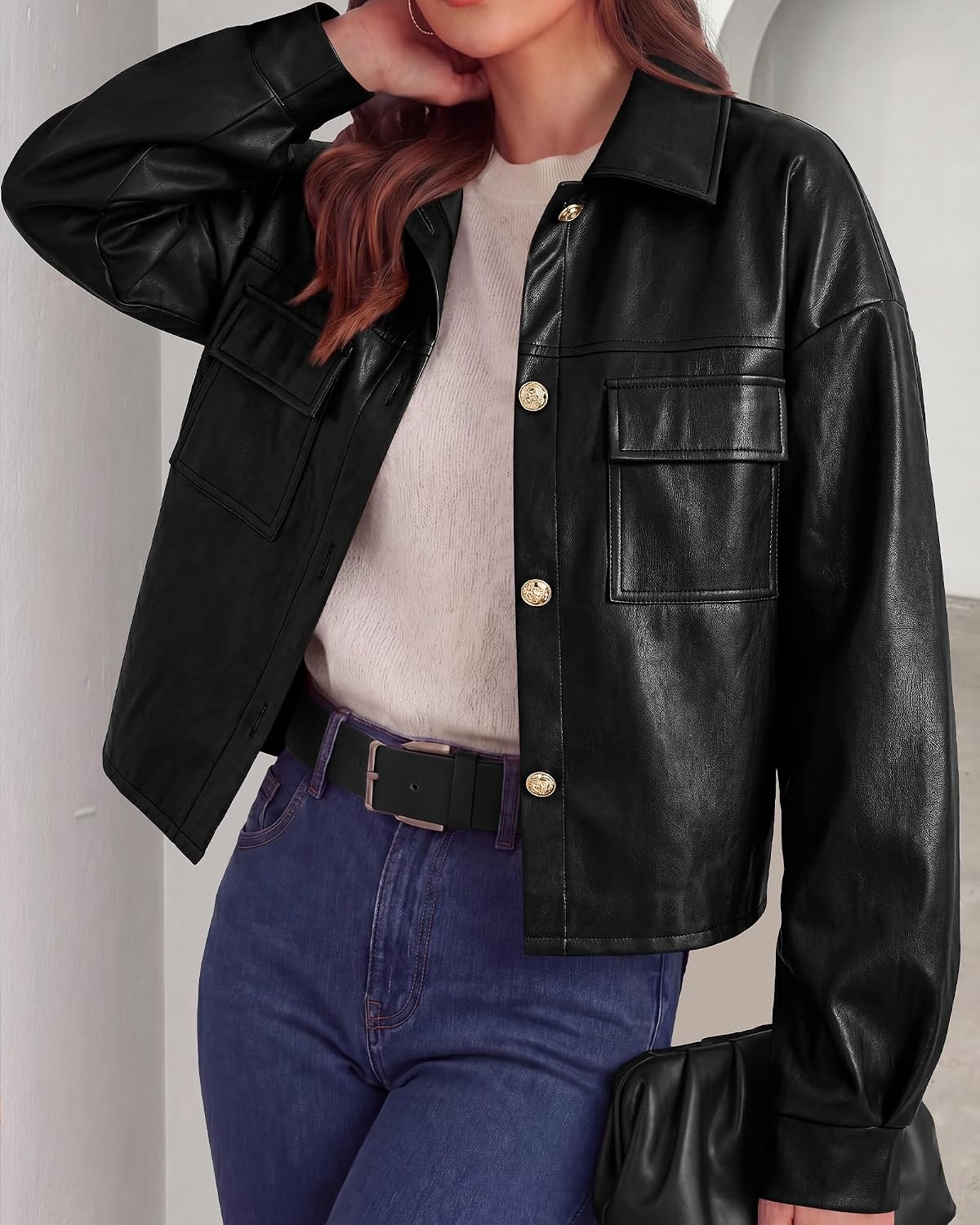 image:imagePRETTYGADEN Womens Button Down Faux Leather Jacket Fall Fashion Turn Down Collar Winter Coats Patch Pockets Motorcycle Bomber Jackets Casual Spring Holiday Travel OuterwearBlack