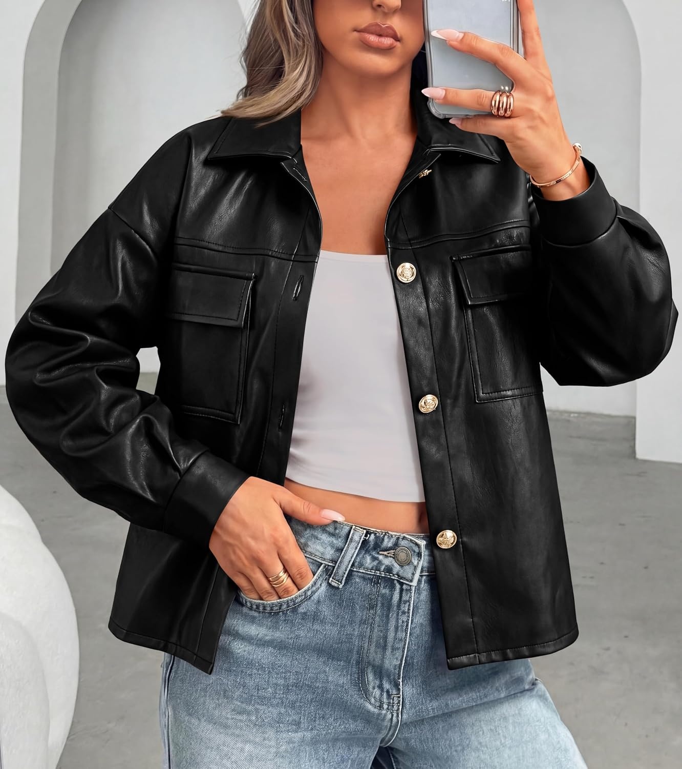 image:imagePRETTYGADEN Womens Button Down Faux Leather Jacket Fall Fashion Turn Down Collar Winter Coats Patch Pockets Motorcycle Bomber Jackets Casual Spring Holiday Travel OuterwearBlack