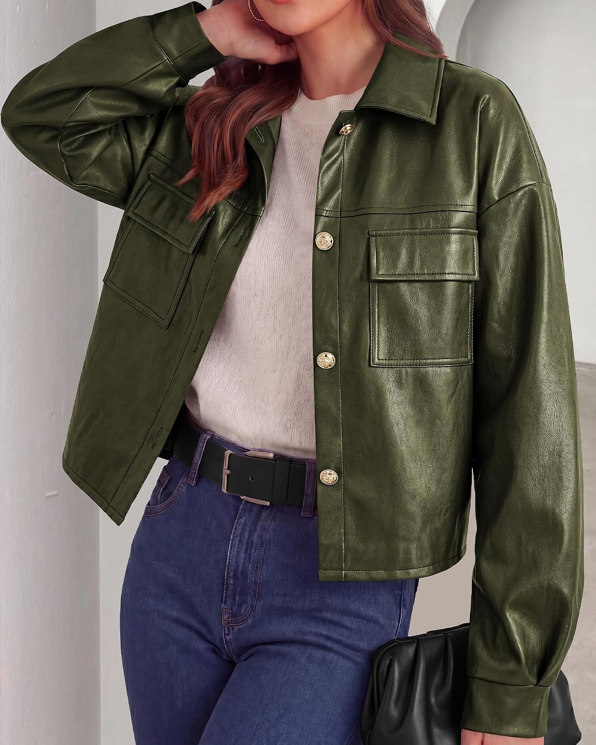 image:imagePRETTYGADEN Womens Button Down Faux Leather Jacket Fall Fashion Turn Down Collar Winter Coats Patch Pockets Motorcycle Bomber Jackets Casual Spring Holiday Travel OuterwearArmy Green