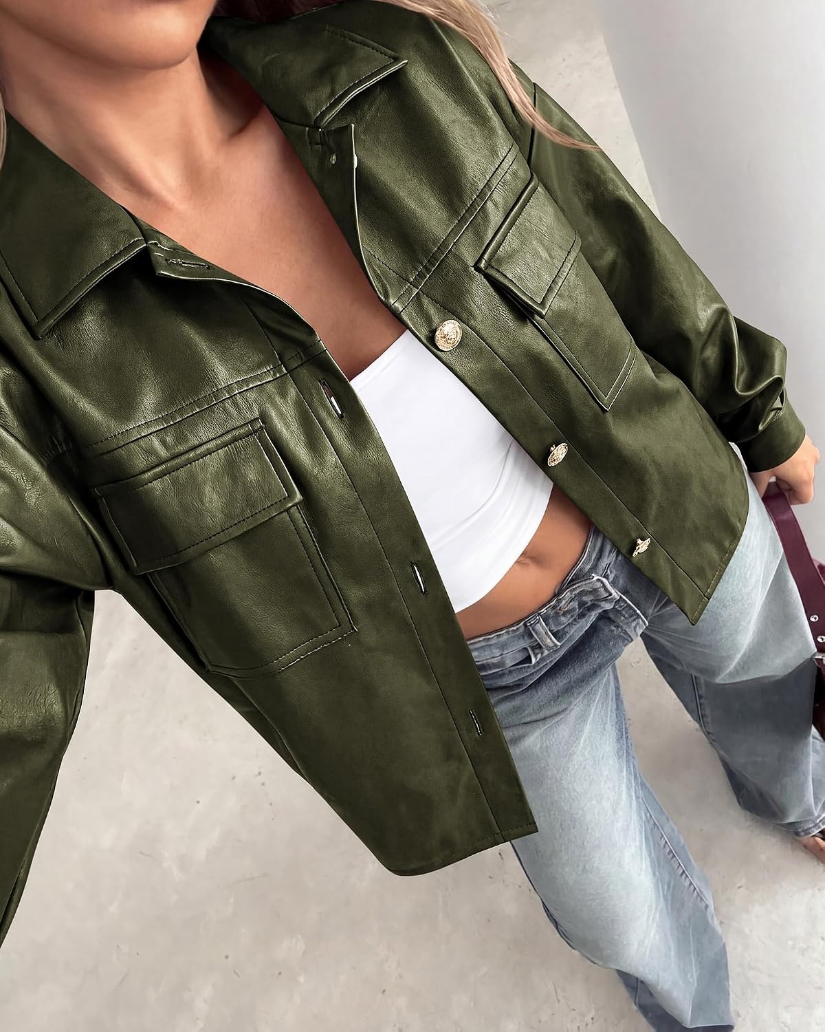 image:imagePRETTYGADEN Womens Button Down Faux Leather Jacket Fall Fashion Turn Down Collar Winter Coats Patch Pockets Motorcycle Bomber Jackets Casual Spring Holiday Travel OuterwearArmy Green