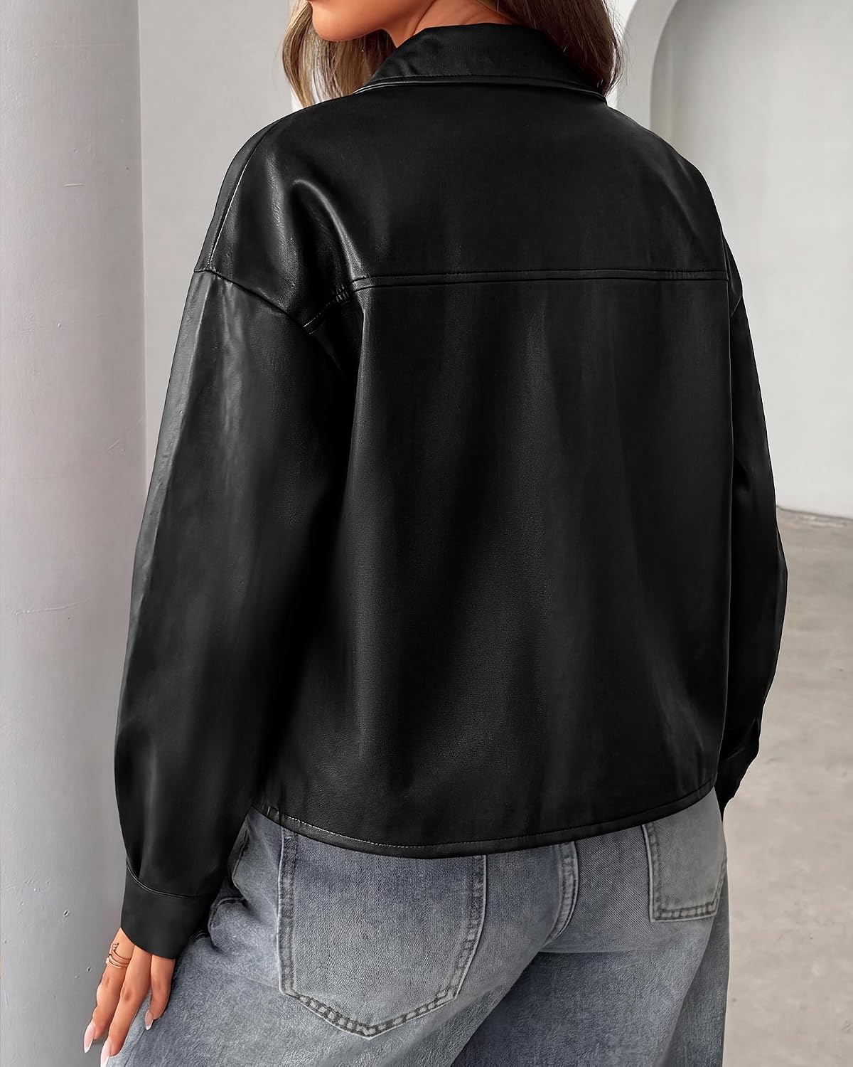 image:imagePRETTYGADEN Womens Button Down Faux Leather Jacket Fall Fashion Turn Down Collar Winter Coats Patch Pockets Motorcycle Bomber Jackets Casual Spring Holiday Travel OuterwearBlack