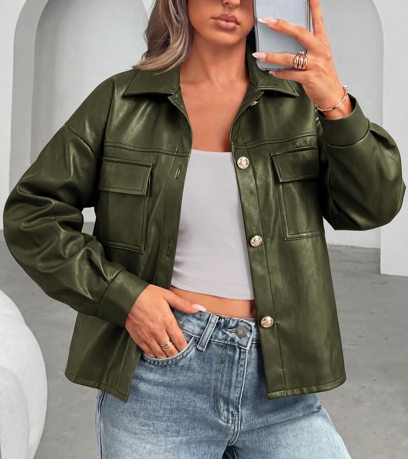 image:imagePRETTYGADEN Womens Button Down Faux Leather Jacket Fall Fashion Turn Down Collar Winter Coats Patch Pockets Motorcycle Bomber Jackets Casual Spring Holiday Travel OuterwearArmy Green