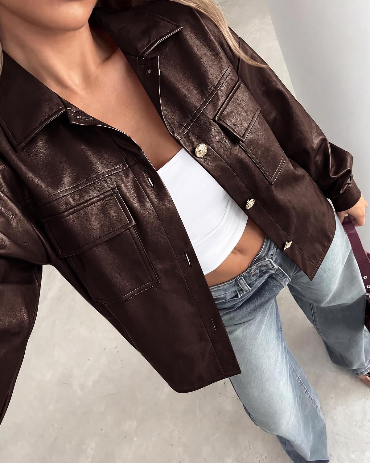image:imagePRETTYGADEN Womens Button Down Faux Leather Jacket Fall Fashion Turn Down Collar Winter Coats Patch Pockets Motorcycle Bomber Jackets Casual Spring Holiday Travel OuterwearBrown