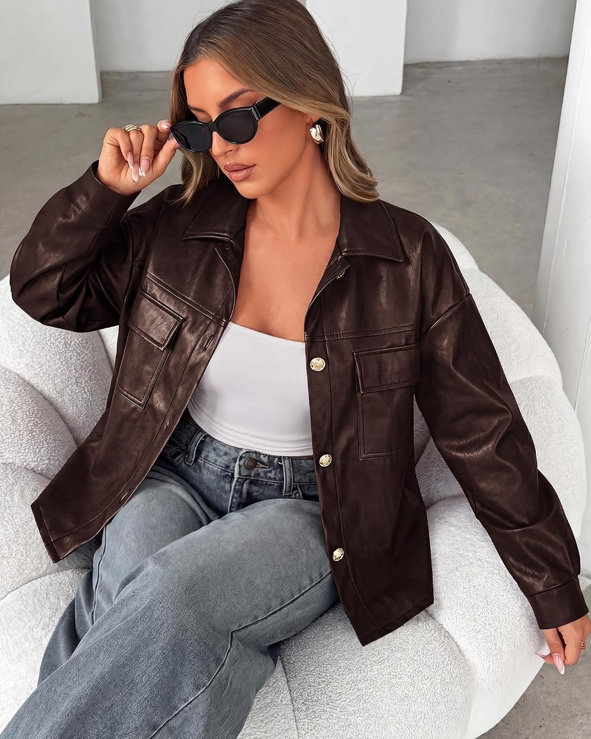 image:imagePRETTYGADEN Womens Button Down Faux Leather Jacket Fall Fashion Turn Down Collar Winter Coats Patch Pockets Motorcycle Bomber Jackets Casual Spring Holiday Travel OuterwearBrown