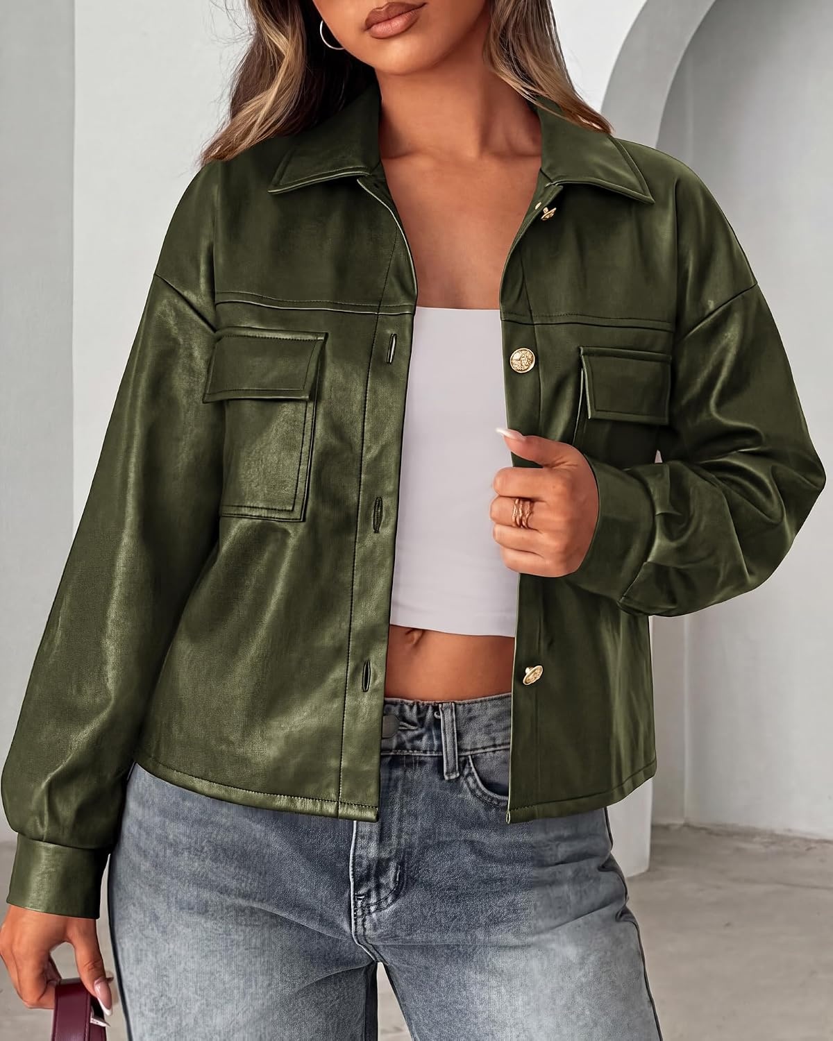 image:imagePRETTYGADEN Womens Button Down Faux Leather Jacket Fall Fashion Turn Down Collar Winter Coats Patch Pockets Motorcycle Bomber Jackets Casual Spring Holiday Travel OuterwearArmy Green