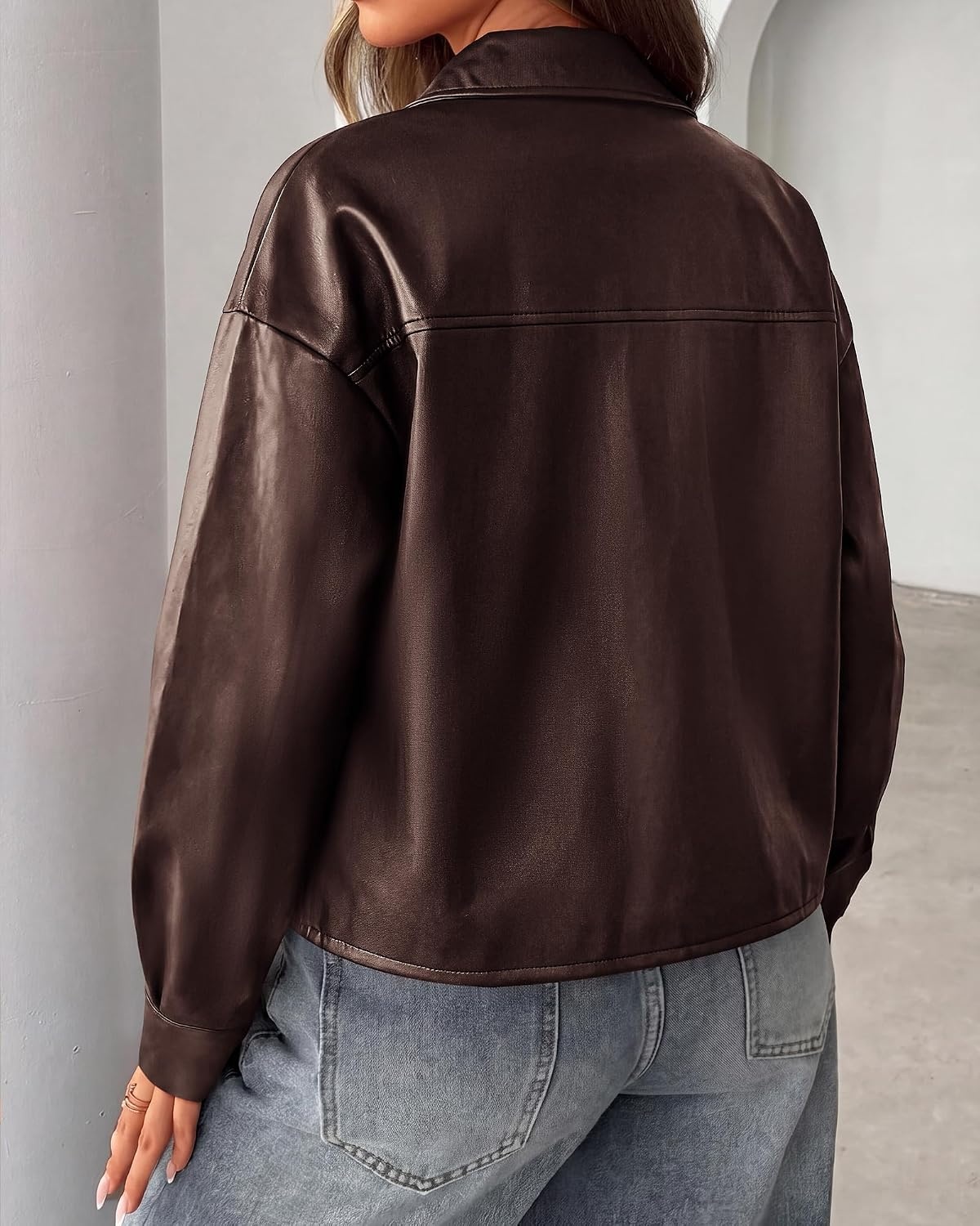 image:imagePRETTYGADEN Womens Button Down Faux Leather Jacket Fall Fashion Turn Down Collar Winter Coats Patch Pockets Motorcycle Bomber Jackets Casual Spring Holiday Travel OuterwearBrown