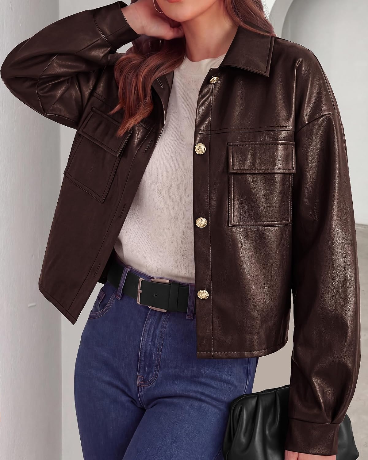 image:imagePRETTYGADEN Womens Button Down Faux Leather Jacket Fall Fashion Turn Down Collar Winter Coats Patch Pockets Motorcycle Bomber Jackets Casual Spring Holiday Travel OuterwearBrown