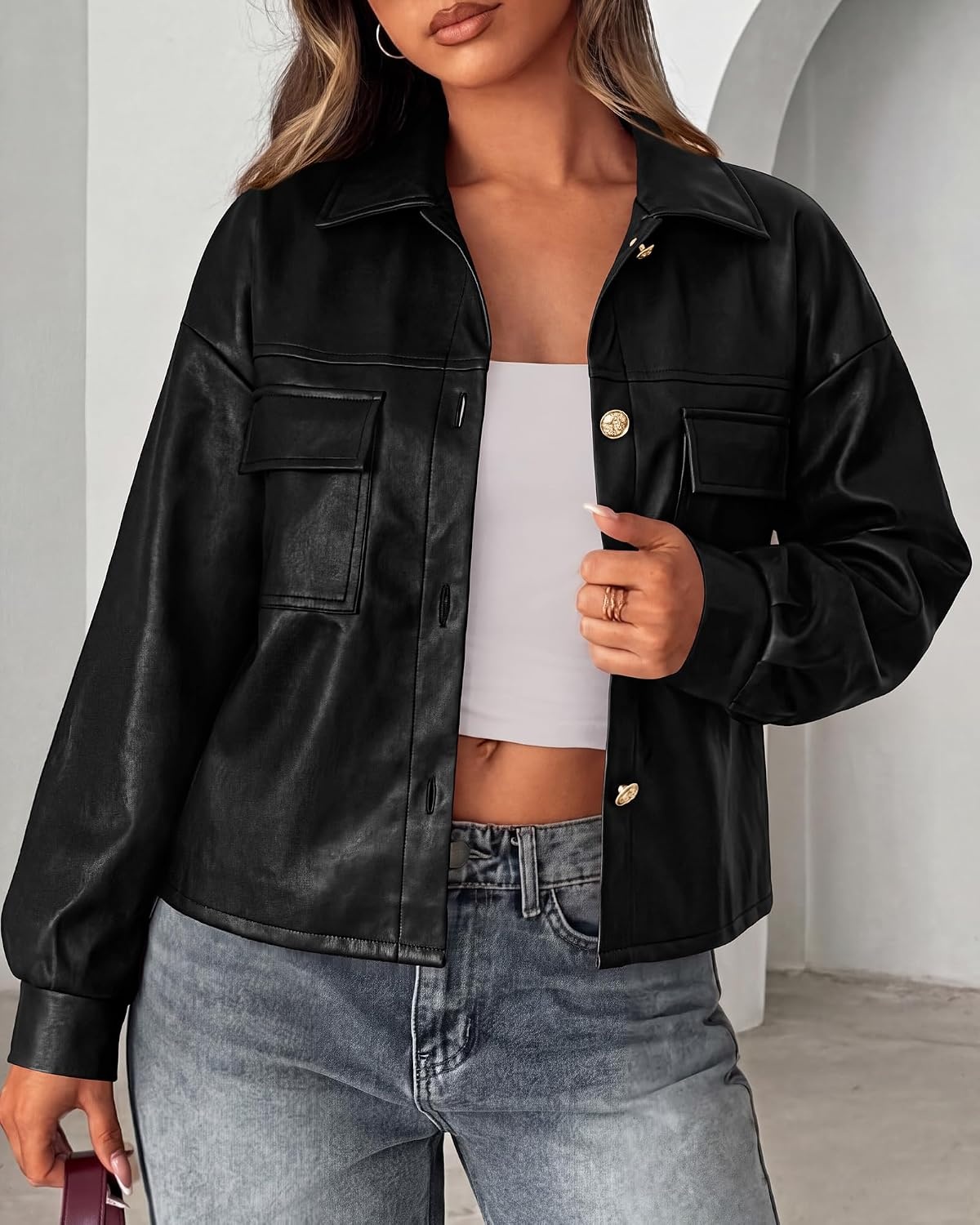 image:imagePRETTYGADEN Womens Button Down Faux Leather Jacket Fall Fashion Turn Down Collar Winter Coats Patch Pockets Motorcycle Bomber Jackets Casual Spring Holiday Travel OuterwearBlack