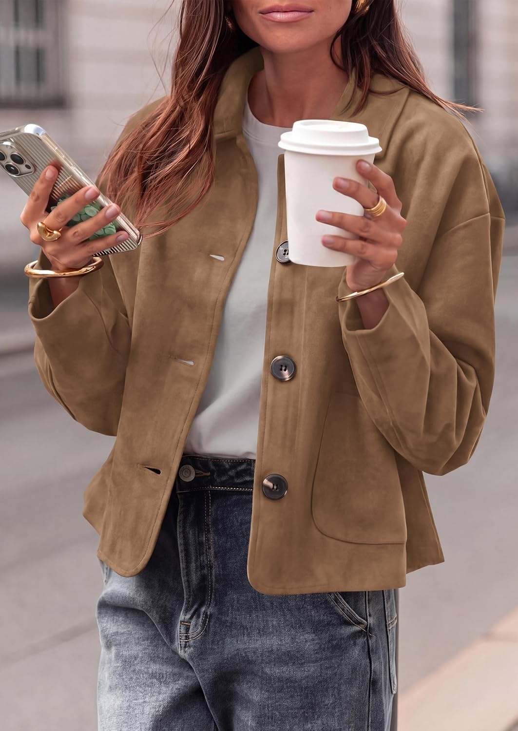 image:imagePRETTYGARDEN Faux Suede Casual Cropped Fall Jacket for Women Trendy 2026 Short Trench Coat Lapel Collar Button Down Jackets with Pocket Business Work Teacher Outfits Fall Winter ClothesKhaki