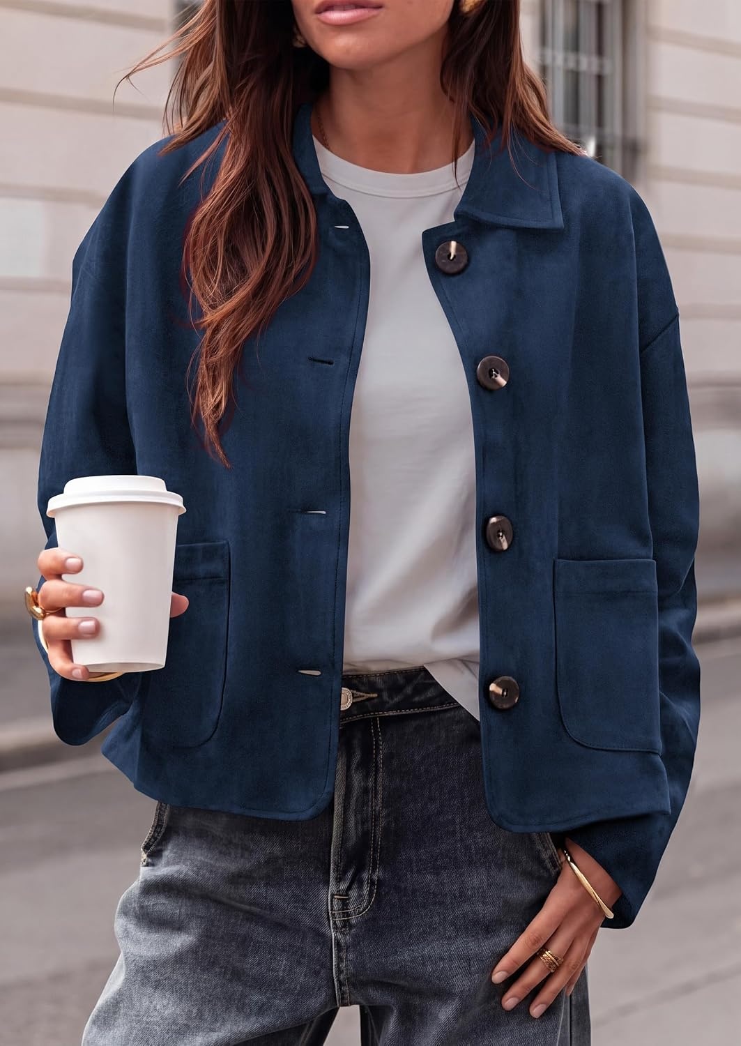 image:imagePRETTYGARDEN Faux Suede Casual Cropped Fall Jacket for Women Trendy 2026 Short Trench Coat Lapel Collar Button Down Jackets with Pocket Business Work Teacher Outfits Fall Winter ClothesNavy