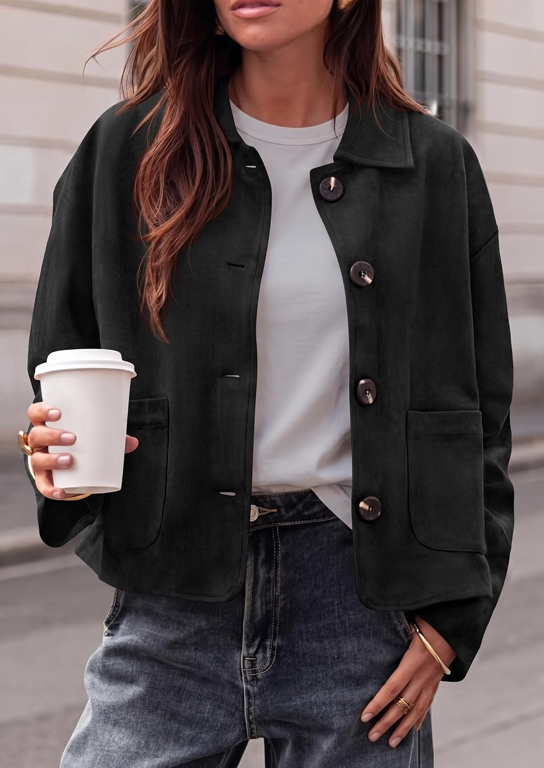 image:imagePRETTYGARDEN Faux Suede Casual Cropped Fall Jacket for Women Trendy 2026 Short Trench Coat Lapel Collar Button Down Jackets with Pocket Business Work Teacher Outfits Fall Winter ClothesBlack