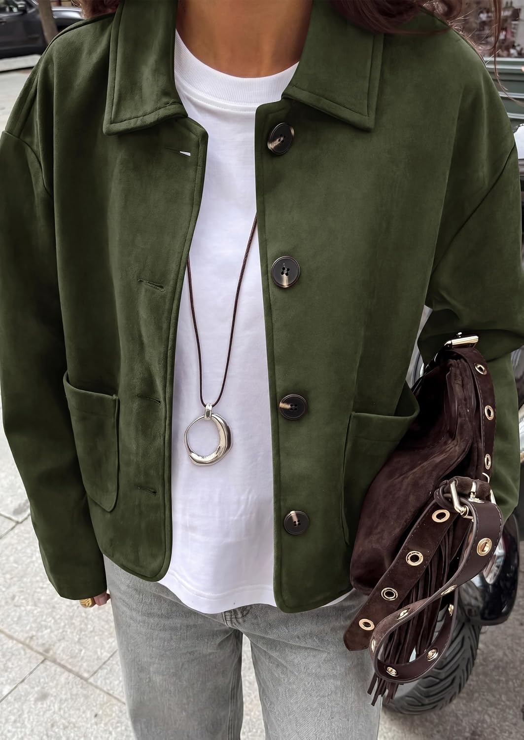 image:imagePRETTYGARDEN Faux Suede Casual Cropped Fall Jacket for Women Trendy 2026 Short Trench Coat Lapel Collar Button Down Jackets with Pocket Business Work Teacher Outfits Fall Winter ClothesArmy Green