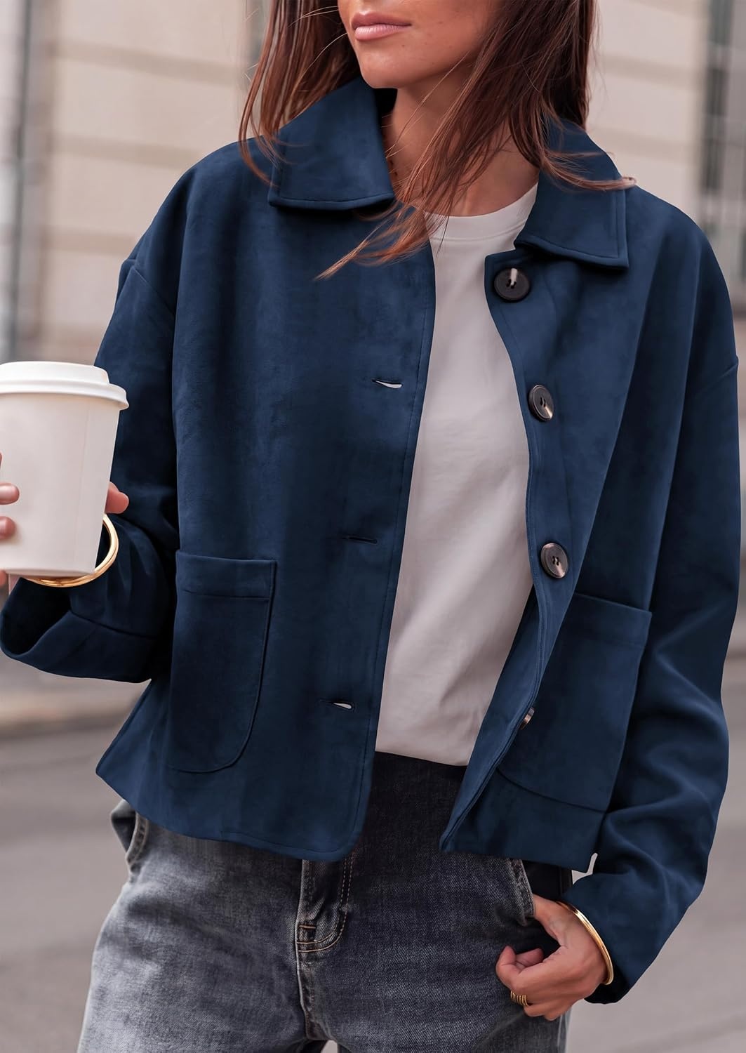 image:imagePRETTYGARDEN Faux Suede Casual Cropped Fall Jacket for Women Trendy 2026 Short Trench Coat Lapel Collar Button Down Jackets with Pocket Business Work Teacher Outfits Fall Winter ClothesNavy