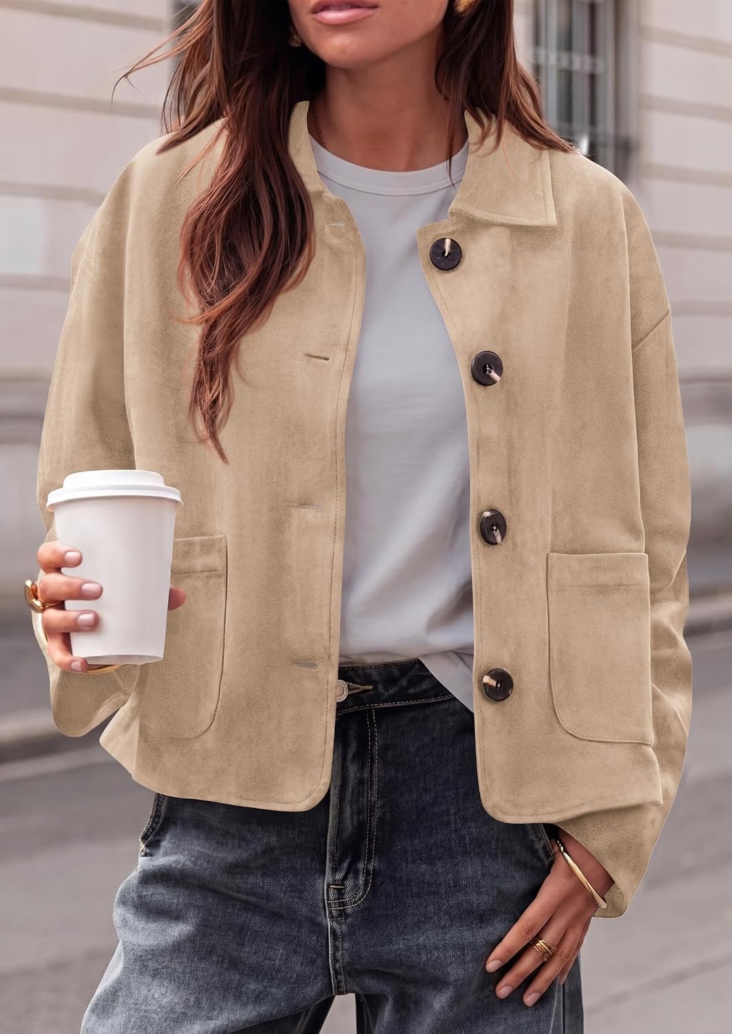 image:imagePRETTYGARDEN Faux Suede Casual Cropped Fall Jacket for Women Trendy 2026 Short Trench Coat Lapel Collar Button Down Jackets with Pocket Business Work Teacher Outfits Fall Winter ClothesApricot