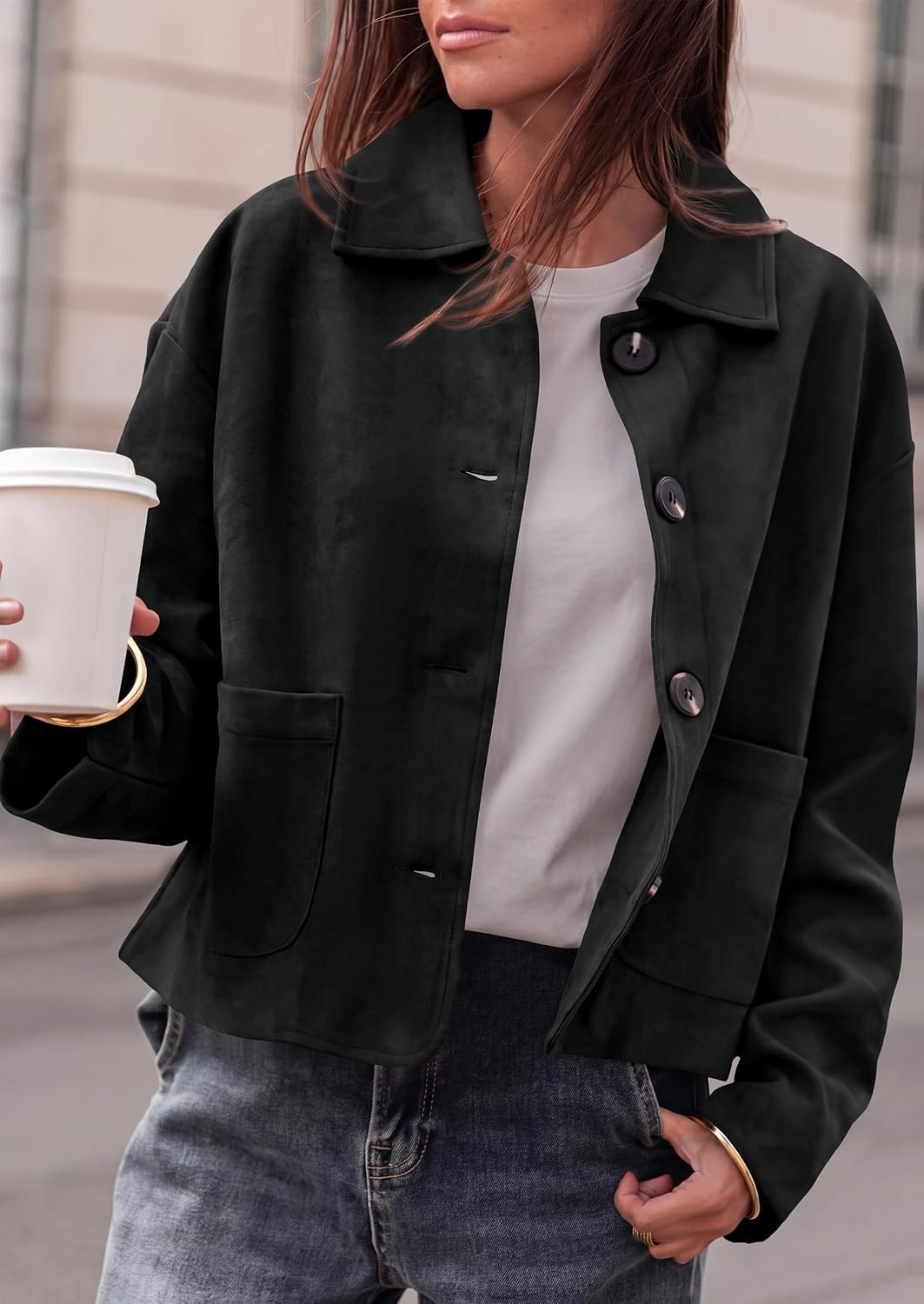 image:imagePRETTYGARDEN Faux Suede Casual Cropped Fall Jacket for Women Trendy 2026 Short Trench Coat Lapel Collar Button Down Jackets with Pocket Business Work Teacher Outfits Fall Winter ClothesBlack
