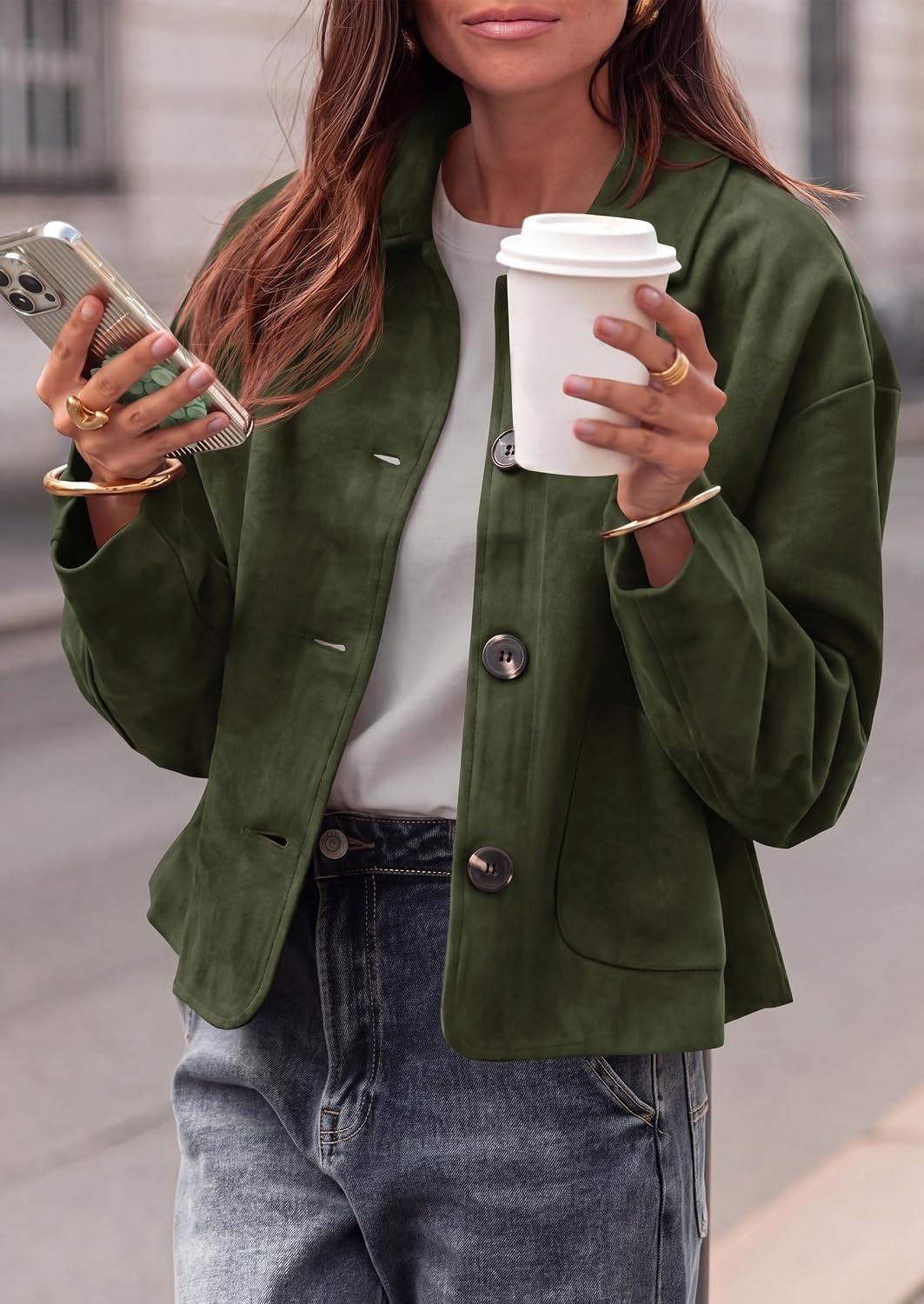 image:imagePRETTYGARDEN Faux Suede Casual Cropped Fall Jacket for Women Trendy 2026 Short Trench Coat Lapel Collar Button Down Jackets with Pocket Business Work Teacher Outfits Fall Winter ClothesArmy Green