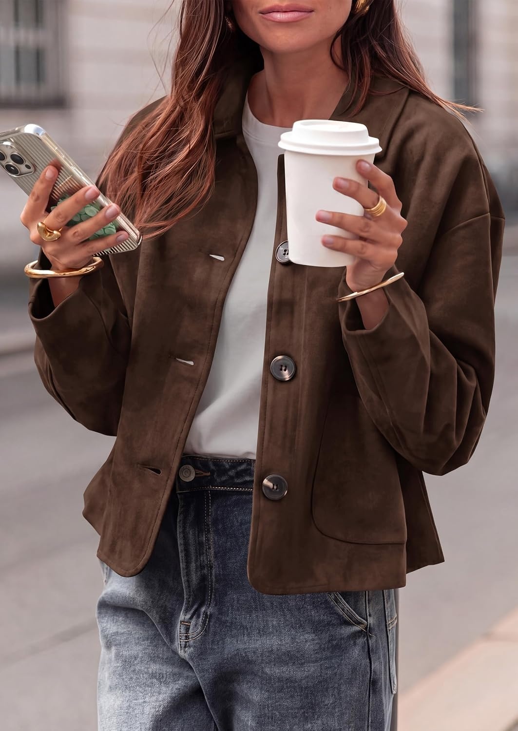 image:imagePRETTYGARDEN Faux Suede Casual Cropped Fall Jacket for Women Trendy 2026 Short Trench Coat Lapel Collar Button Down Jackets with Pocket Business Work Teacher Outfits Fall Winter ClothesDark Brown