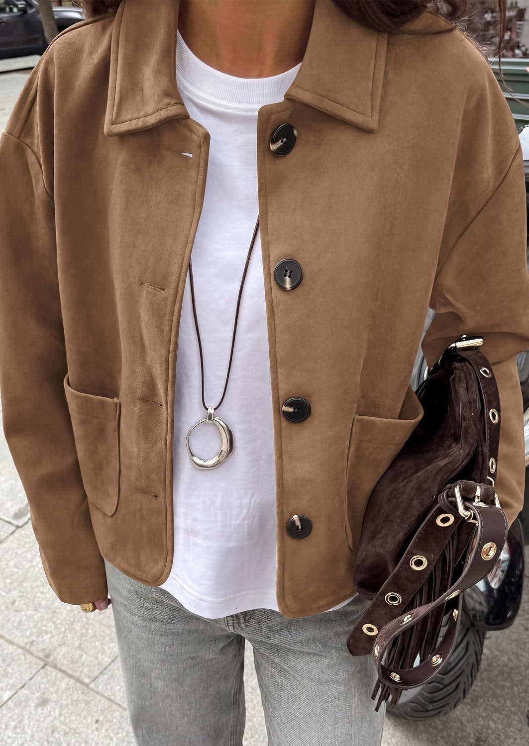 image:imagePRETTYGARDEN Faux Suede Casual Cropped Fall Jacket for Women Trendy 2026 Short Trench Coat Lapel Collar Button Down Jackets with Pocket Business Work Teacher Outfits Fall Winter ClothesKhaki