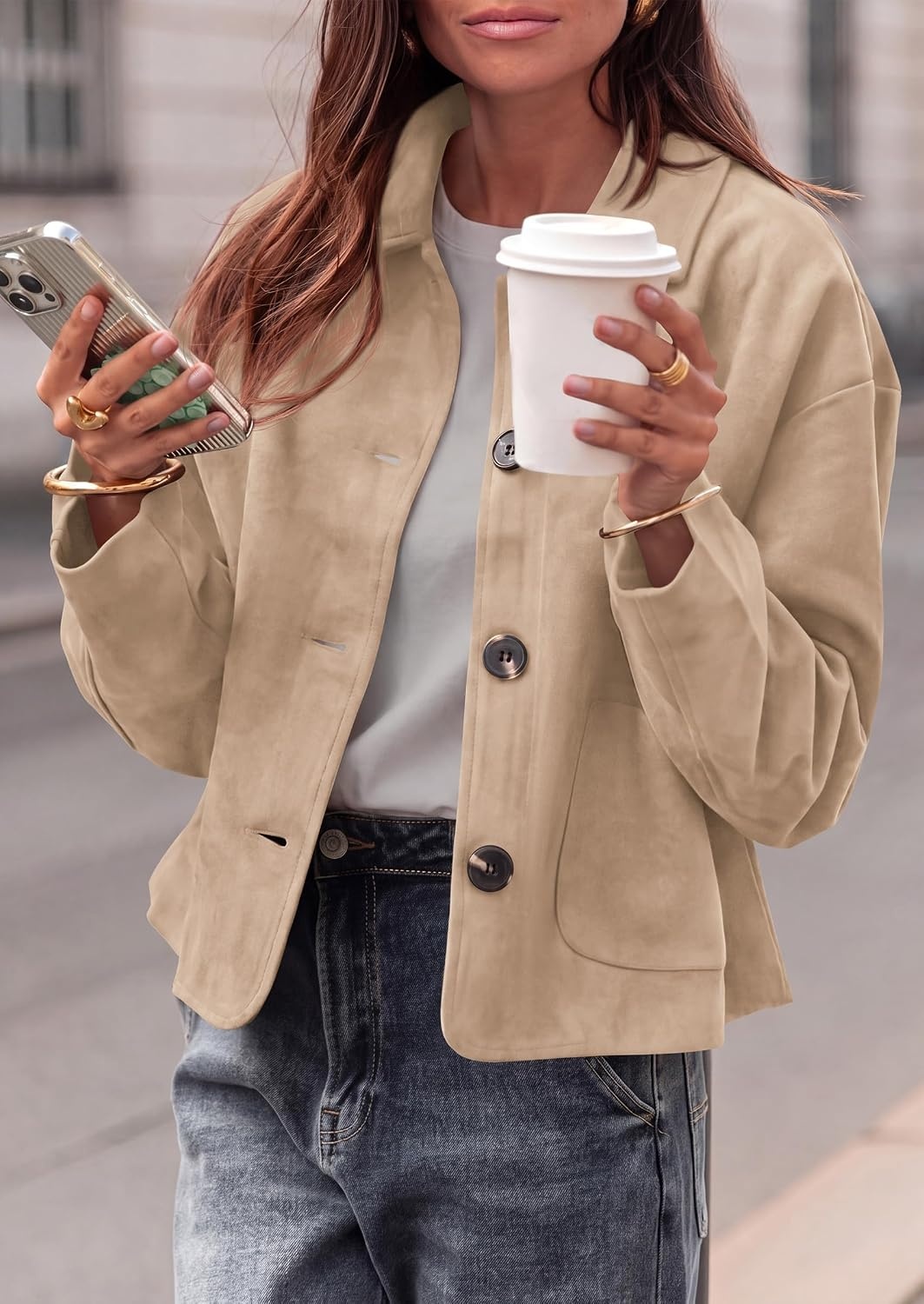 image:imagePRETTYGARDEN Faux Suede Casual Cropped Fall Jacket for Women Trendy 2026 Short Trench Coat Lapel Collar Button Down Jackets with Pocket Business Work Teacher Outfits Fall Winter ClothesApricot