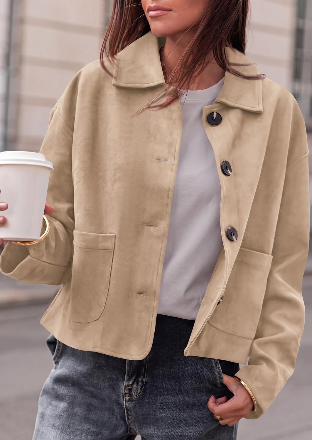image:imagePRETTYGARDEN Faux Suede Casual Cropped Fall Jacket for Women Trendy 2026 Short Trench Coat Lapel Collar Button Down Jackets with Pocket Business Work Teacher Outfits Fall Winter ClothesApricot