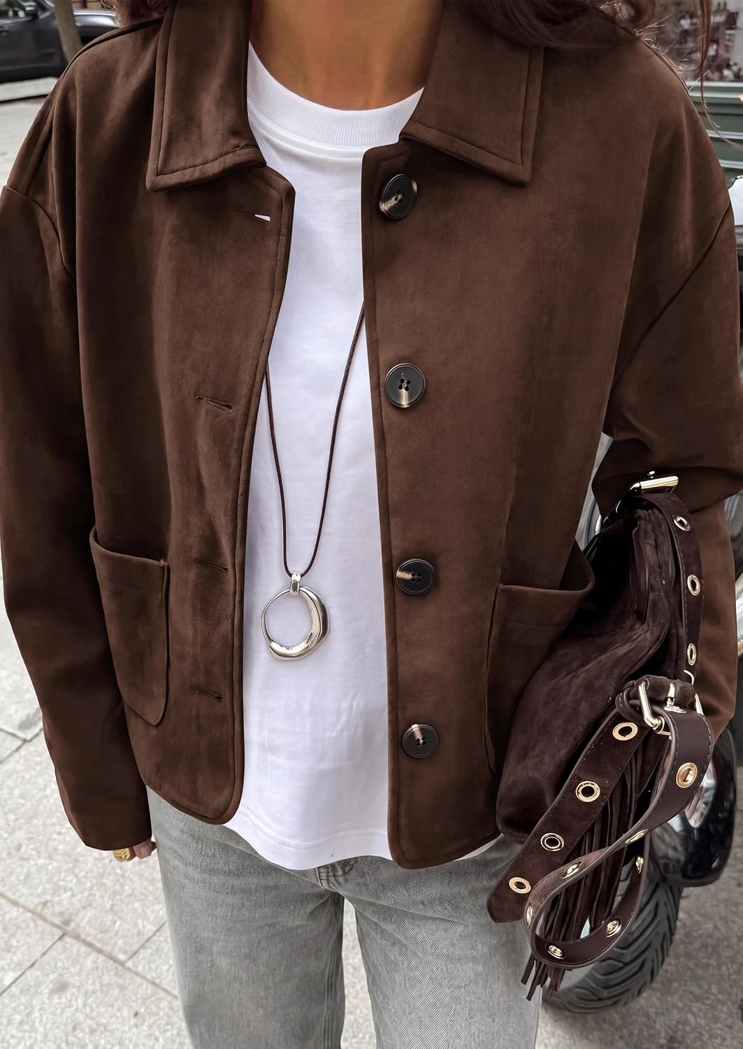 image:imagePRETTYGARDEN Faux Suede Casual Cropped Fall Jacket for Women Trendy 2026 Short Trench Coat Lapel Collar Button Down Jackets with Pocket Business Work Teacher Outfits Fall Winter ClothesDark Brown