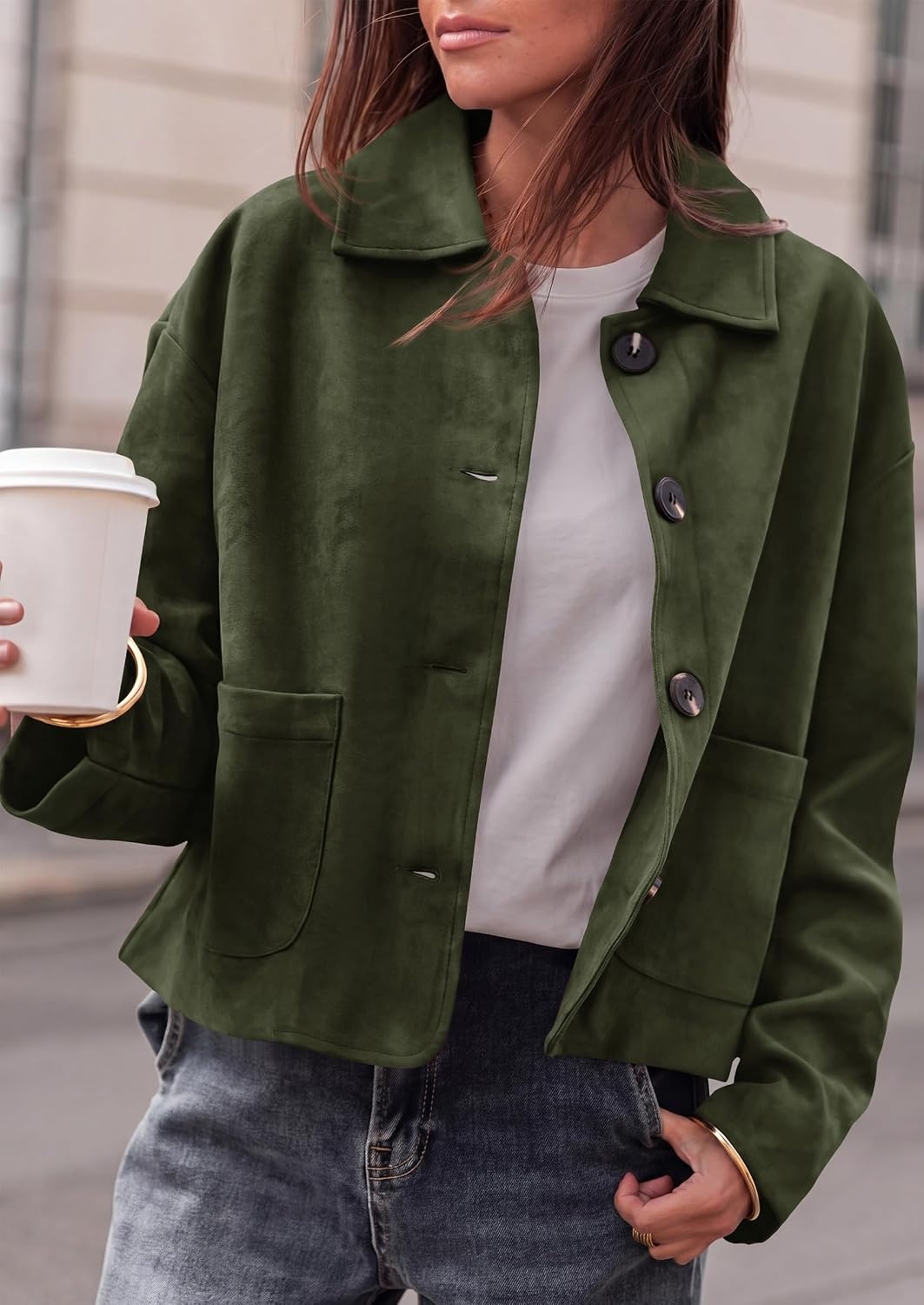 image:imagePRETTYGARDEN Faux Suede Casual Cropped Fall Jacket for Women Trendy 2026 Short Trench Coat Lapel Collar Button Down Jackets with Pocket Business Work Teacher Outfits Fall Winter ClothesArmy Green