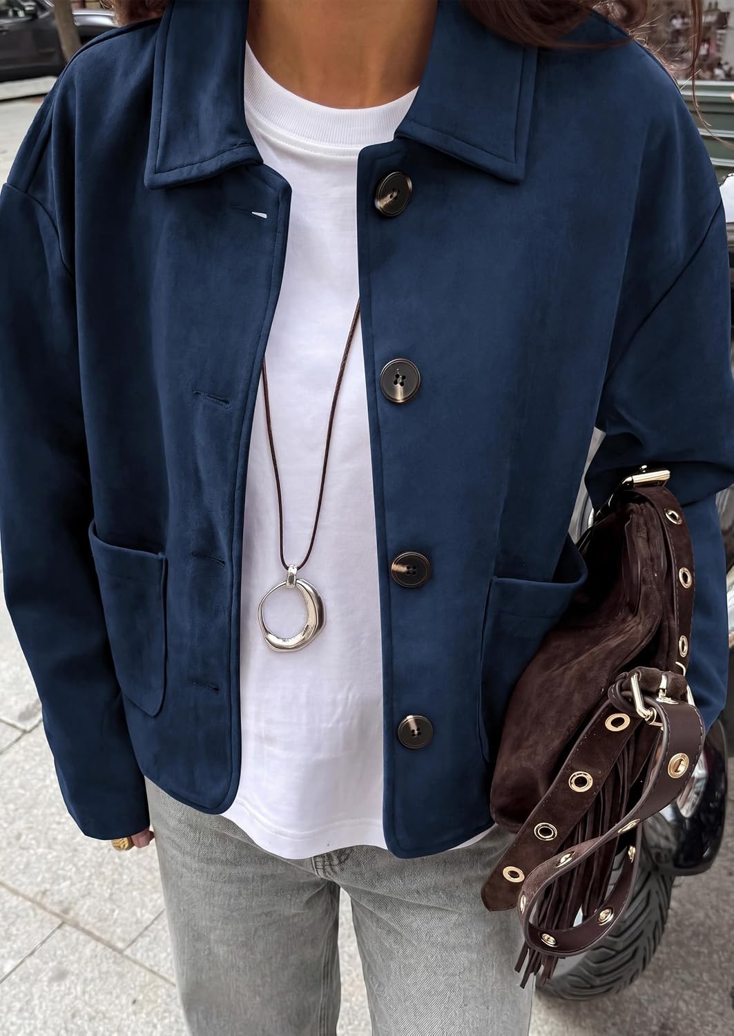image:imagePRETTYGARDEN Faux Suede Casual Cropped Fall Jacket for Women Trendy 2026 Short Trench Coat Lapel Collar Button Down Jackets with Pocket Business Work Teacher Outfits Fall Winter ClothesNavy