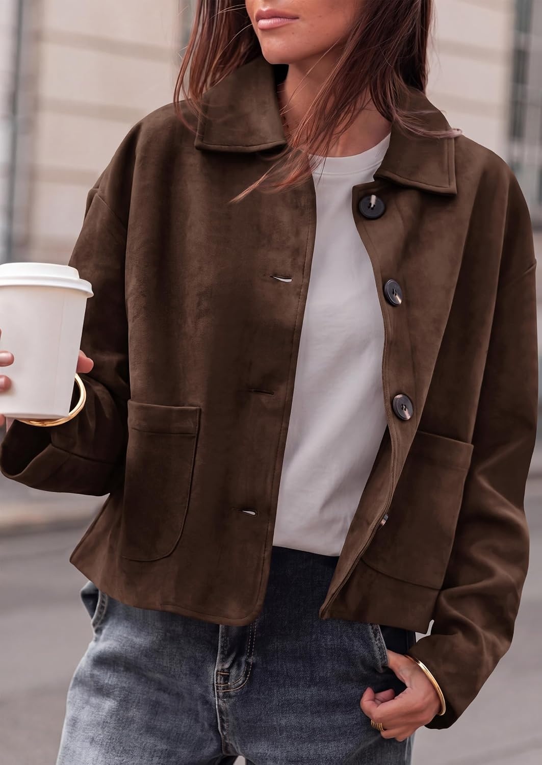 image:imagePRETTYGARDEN Faux Suede Casual Cropped Fall Jacket for Women Trendy 2026 Short Trench Coat Lapel Collar Button Down Jackets with Pocket Business Work Teacher Outfits Fall Winter ClothesDark Brown