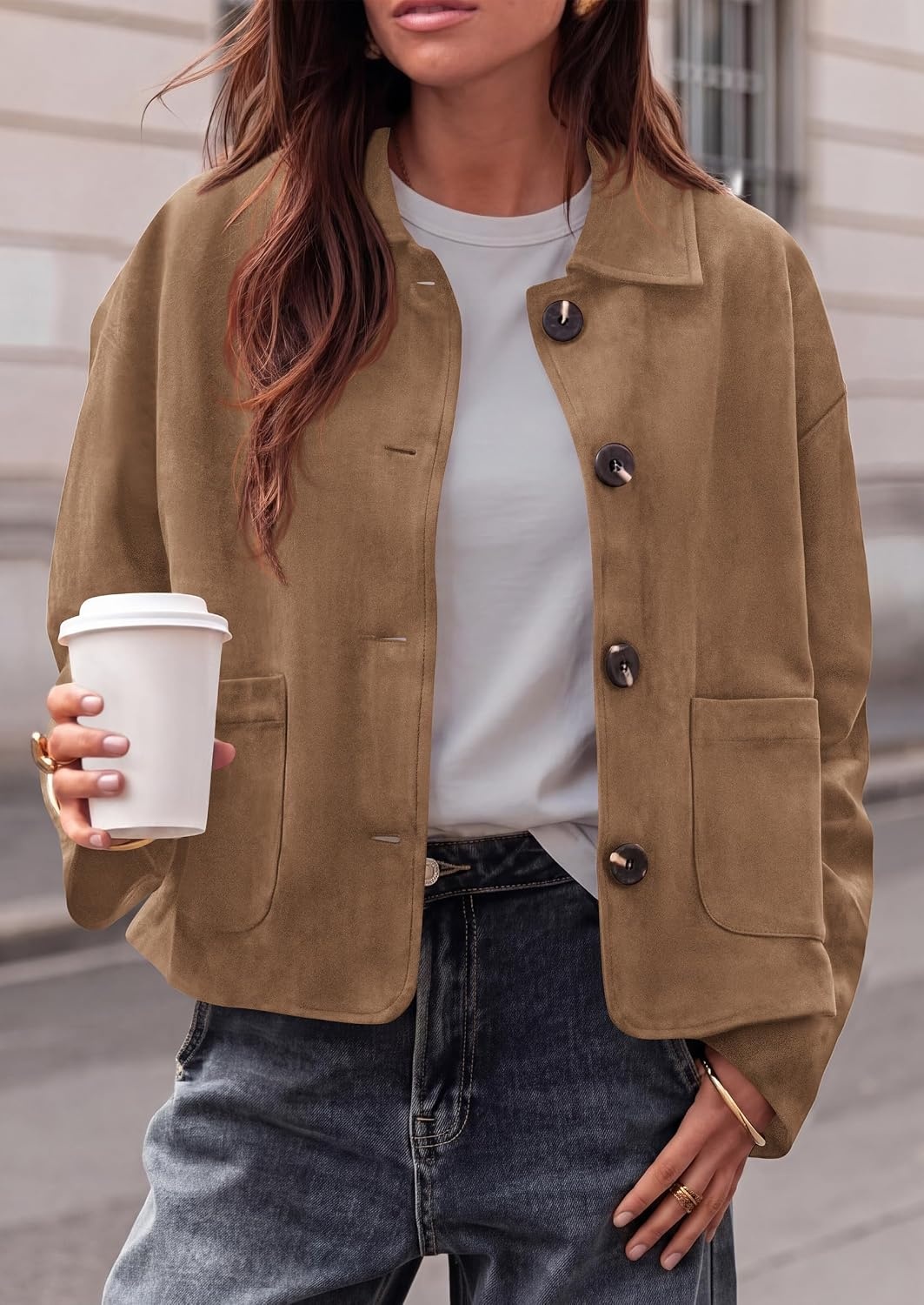 image:imagePRETTYGARDEN Faux Suede Casual Cropped Fall Jacket for Women Trendy 2026 Short Trench Coat Lapel Collar Button Down Jackets with Pocket Business Work Teacher Outfits Fall Winter ClothesKhaki
