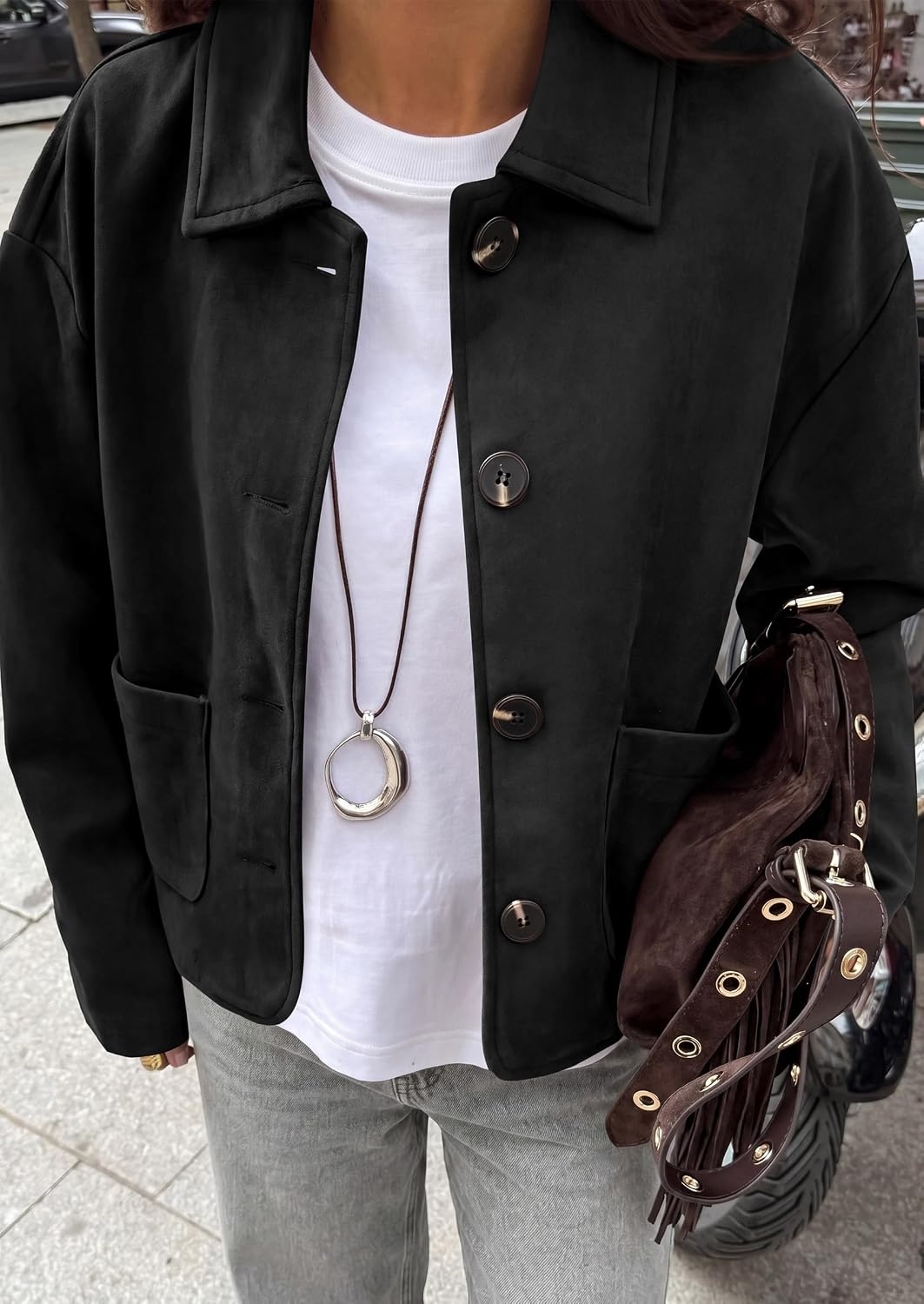 image:imagePRETTYGARDEN Faux Suede Casual Cropped Fall Jacket for Women Trendy 2026 Short Trench Coat Lapel Collar Button Down Jackets with Pocket Business Work Teacher Outfits Fall Winter ClothesBlack