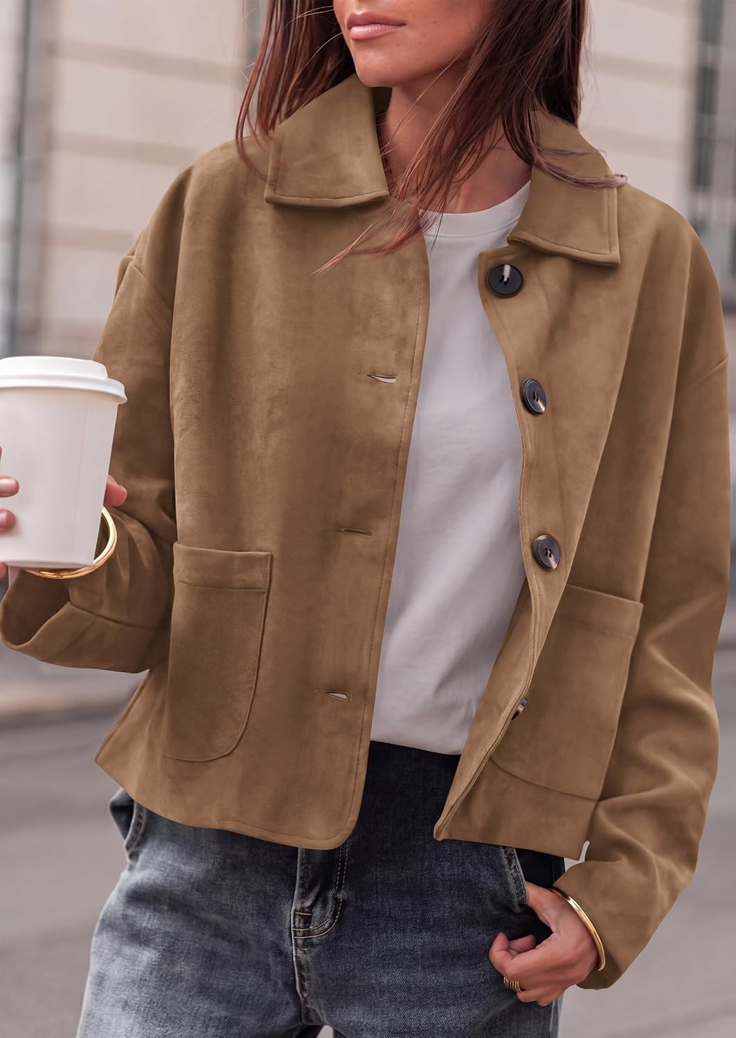 image:imagePRETTYGARDEN Faux Suede Casual Cropped Fall Jacket for Women Trendy 2026 Short Trench Coat Lapel Collar Button Down Jackets with Pocket Business Work Teacher Outfits Fall Winter ClothesKhaki