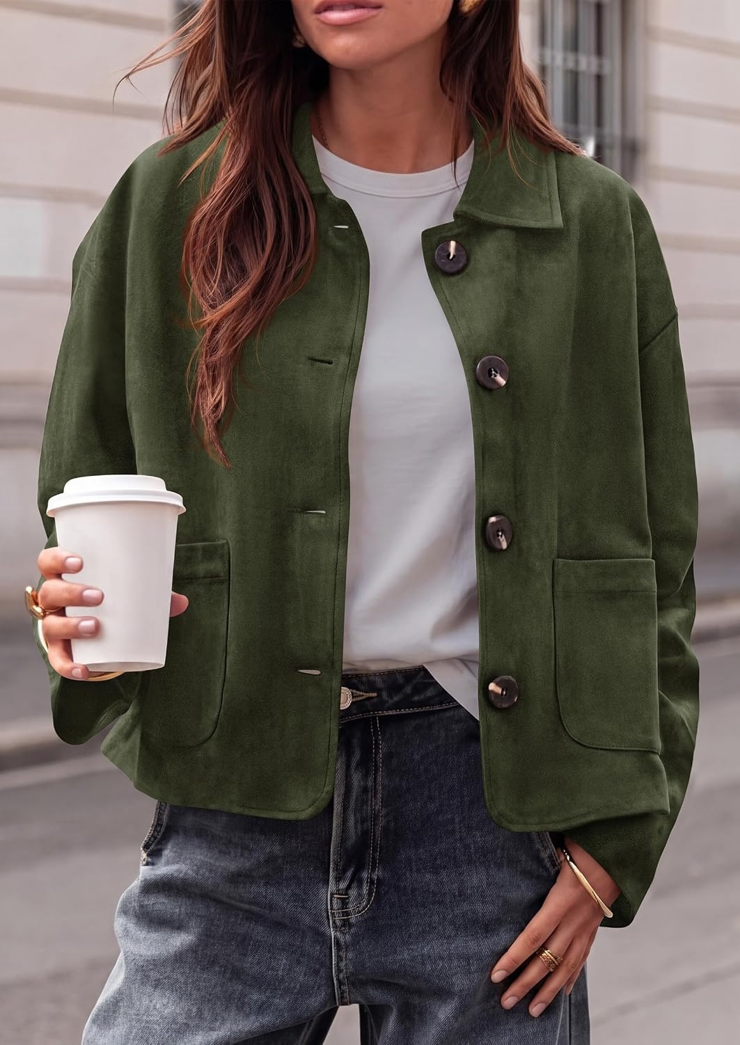 image:imagePRETTYGARDEN Faux Suede Casual Cropped Fall Jacket for Women Trendy 2026 Short Trench Coat Lapel Collar Button Down Jackets with Pocket Business Work Teacher Outfits Fall Winter ClothesArmy Green
