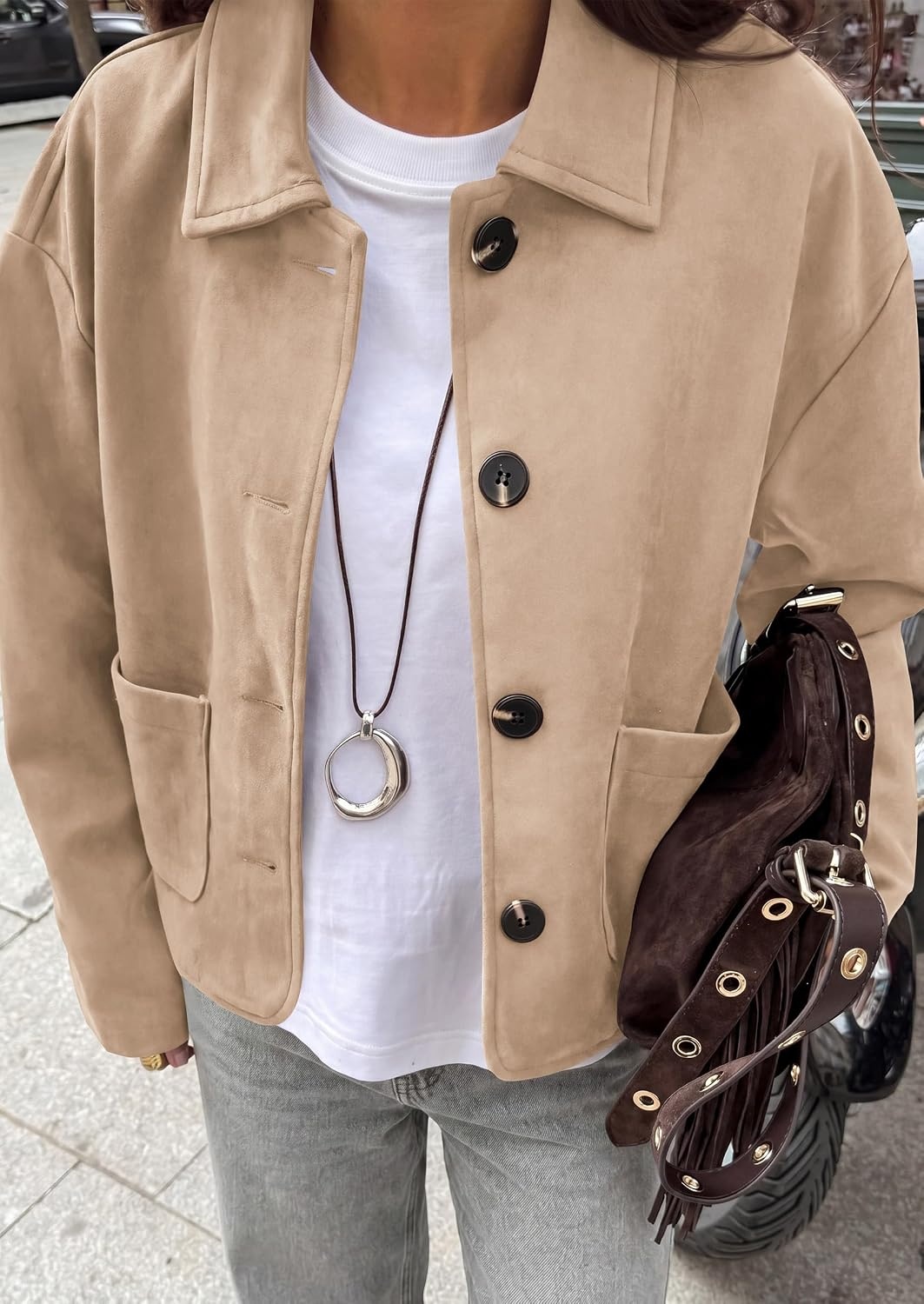 image:imagePRETTYGARDEN Faux Suede Casual Cropped Fall Jacket for Women Trendy 2026 Short Trench Coat Lapel Collar Button Down Jackets with Pocket Business Work Teacher Outfits Fall Winter ClothesApricot