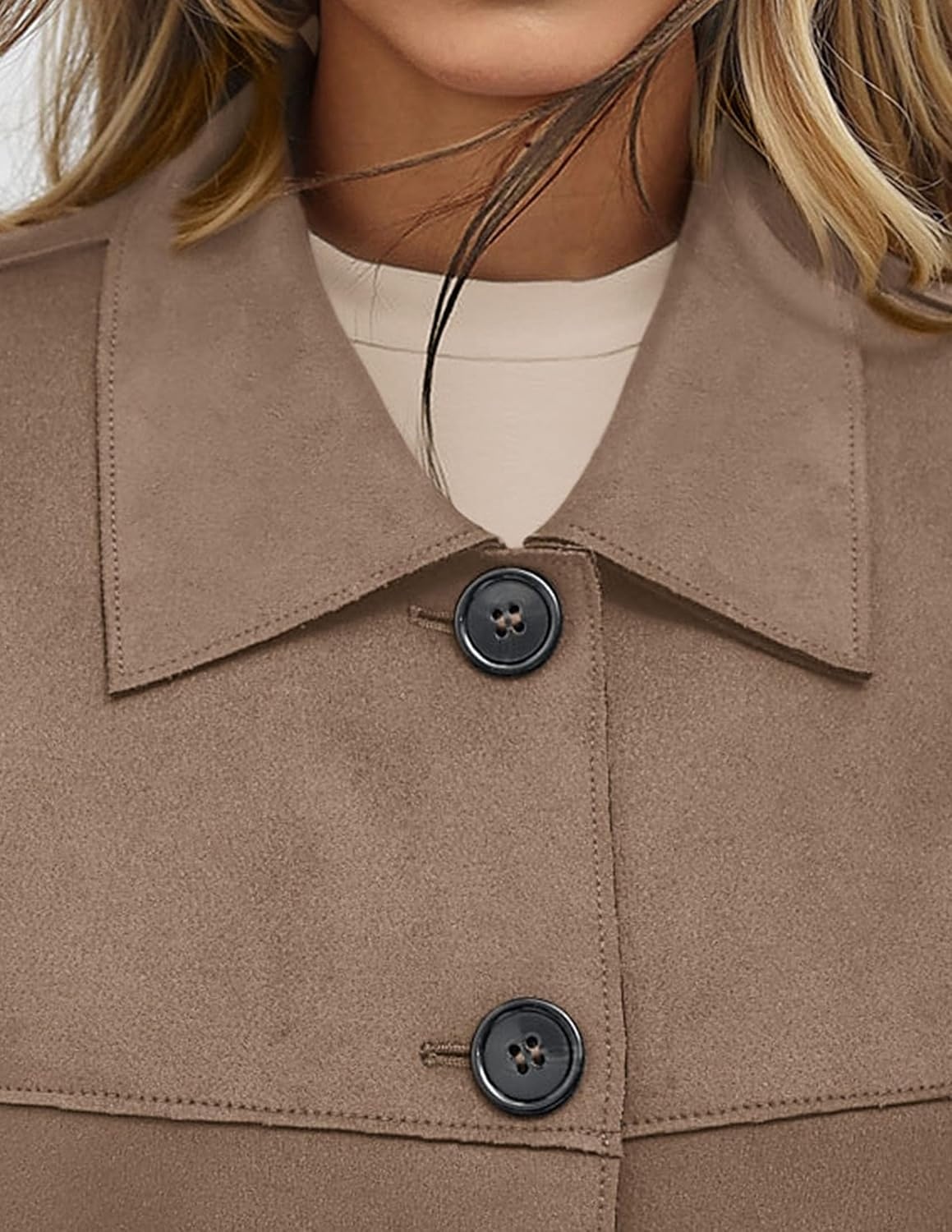 image:imagePRETTYGARDEN Womens Faux Suede Lightweight Cropped Jacket Button Down Collared Shacket Oversized Casual Outerwear Patch Pocket Transitional Layering Piece for Spring Fall amp WinterGrey Khaki