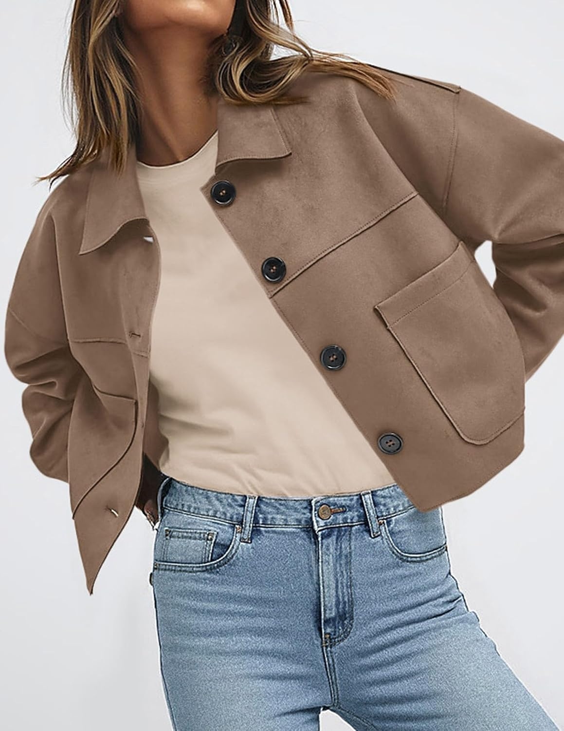 image:imagePRETTYGARDEN Womens Faux Suede Lightweight Cropped Jacket Button Down Collared Shacket Oversized Casual Outerwear Patch Pocket Transitional Layering Piece for Spring Fall amp WinterGrey Khaki