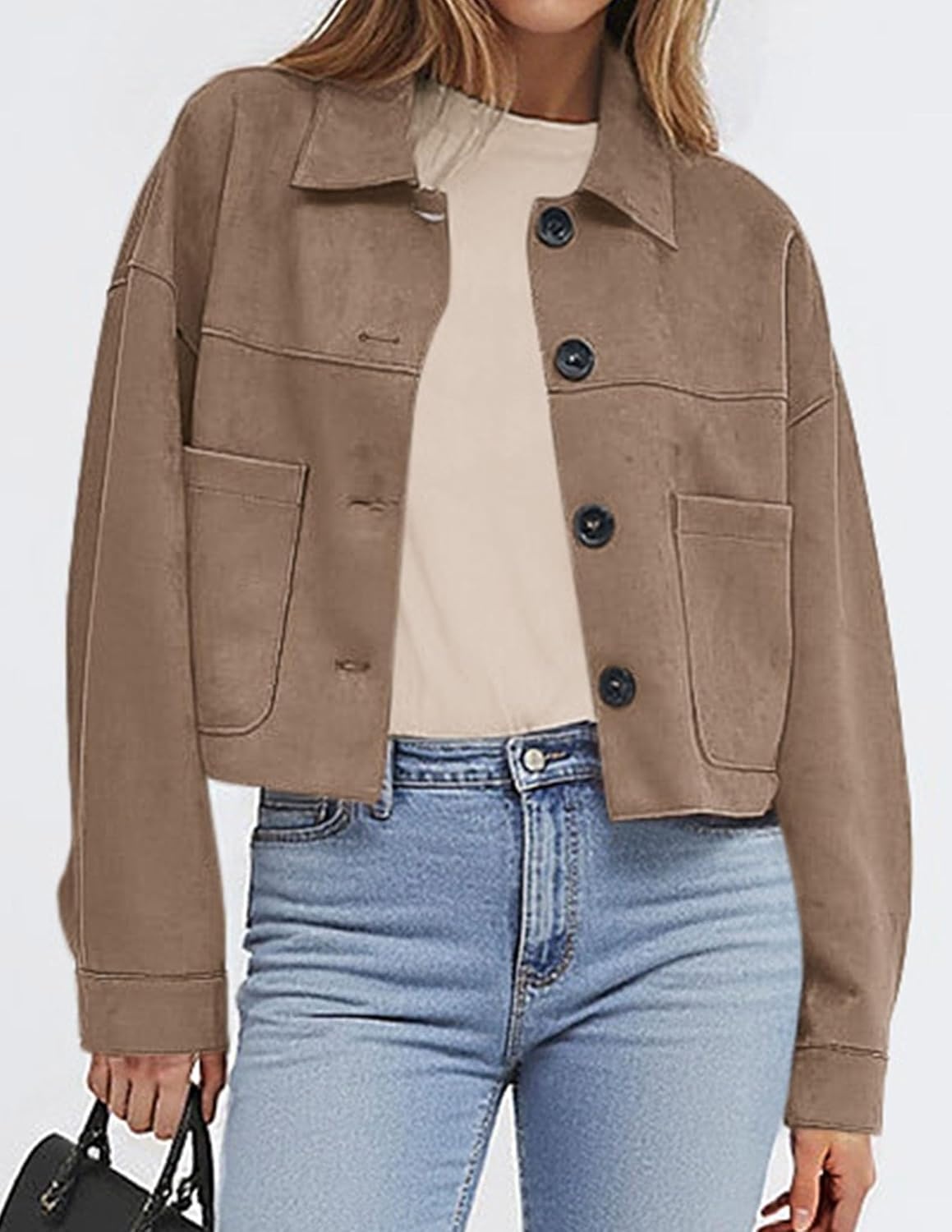 image:imagePRETTYGARDEN Womens Faux Suede Lightweight Cropped Jacket Button Down Collared Shacket Oversized Casual Outerwear Patch Pocket Transitional Layering Piece for Spring Fall amp WinterGrey Khaki