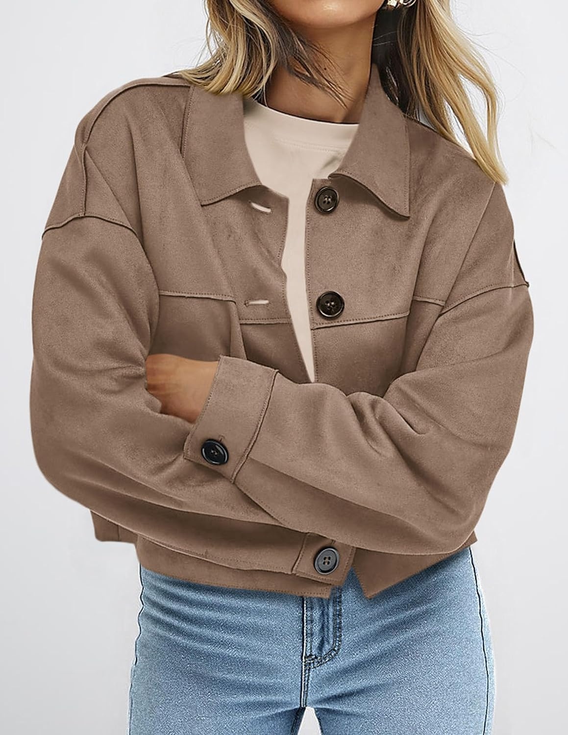 image:imagePRETTYGARDEN Womens Faux Suede Lightweight Cropped Jacket Button Down Collared Shacket Oversized Casual Outerwear Patch Pocket Transitional Layering Piece for Spring Fall amp WinterGrey Khaki