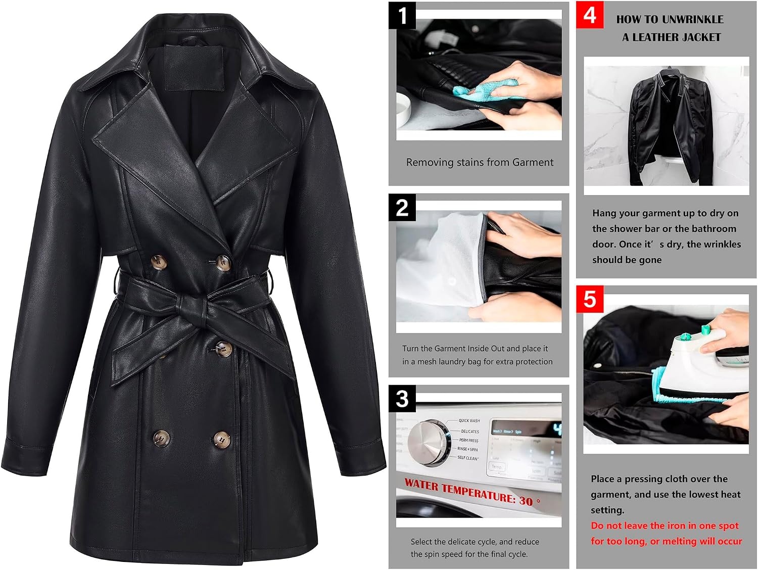image:imageRISISSIDA Women Faux Leather Long JacketMid Length Trench CoatRelaxed Fit Double BreastedRemovable BeltLapelSoft Premium Vegan LeatherSpring Fall TransitionalBlackthigh Lengthdouble Breastedrelaxed