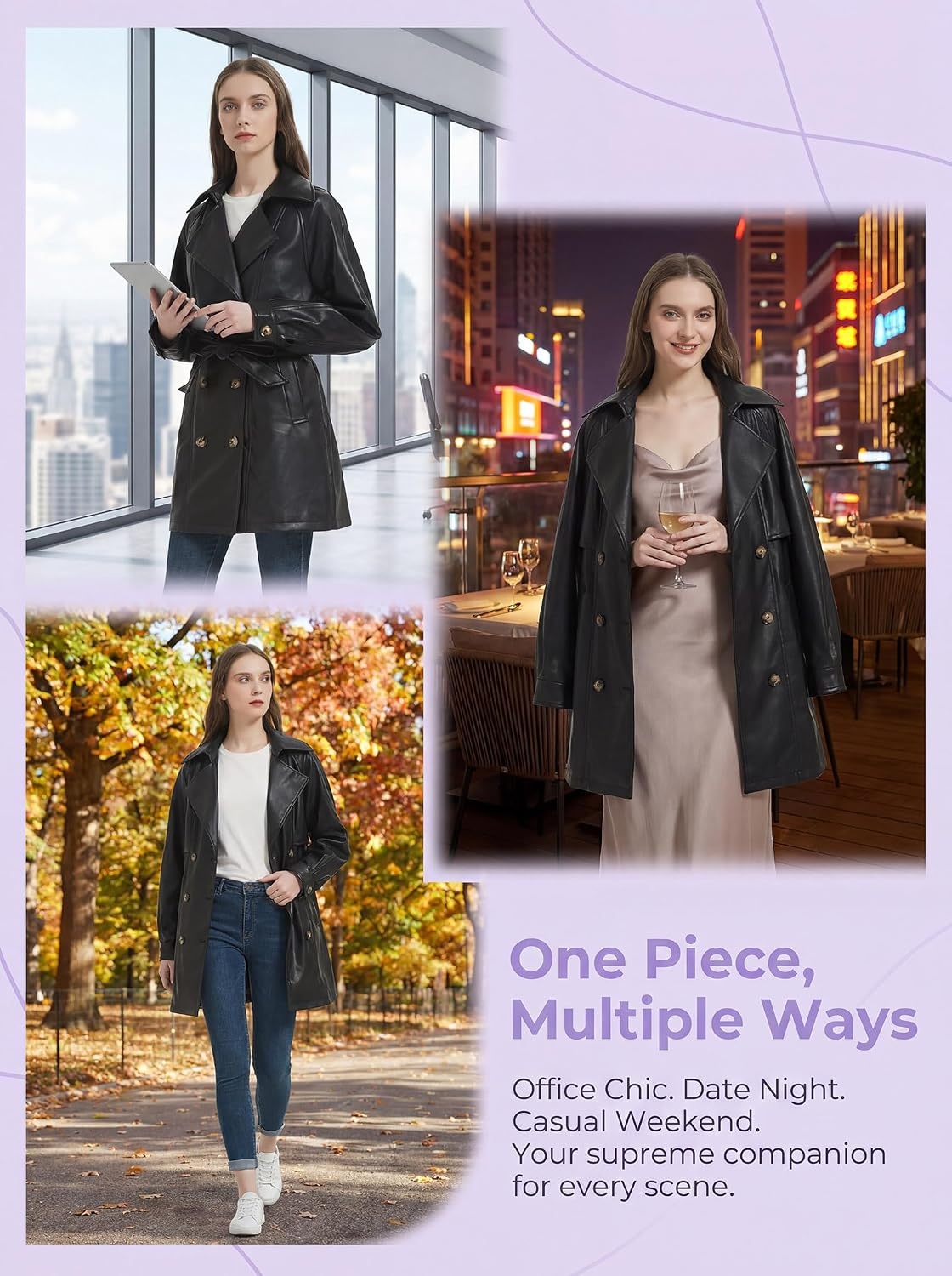 image:imageRISISSIDA Women Faux Leather Long JacketMid Length Trench CoatRelaxed Fit Double BreastedRemovable BeltLapelSoft Premium Vegan LeatherSpring Fall TransitionalBlackthigh Lengthdouble Breastedrelaxed