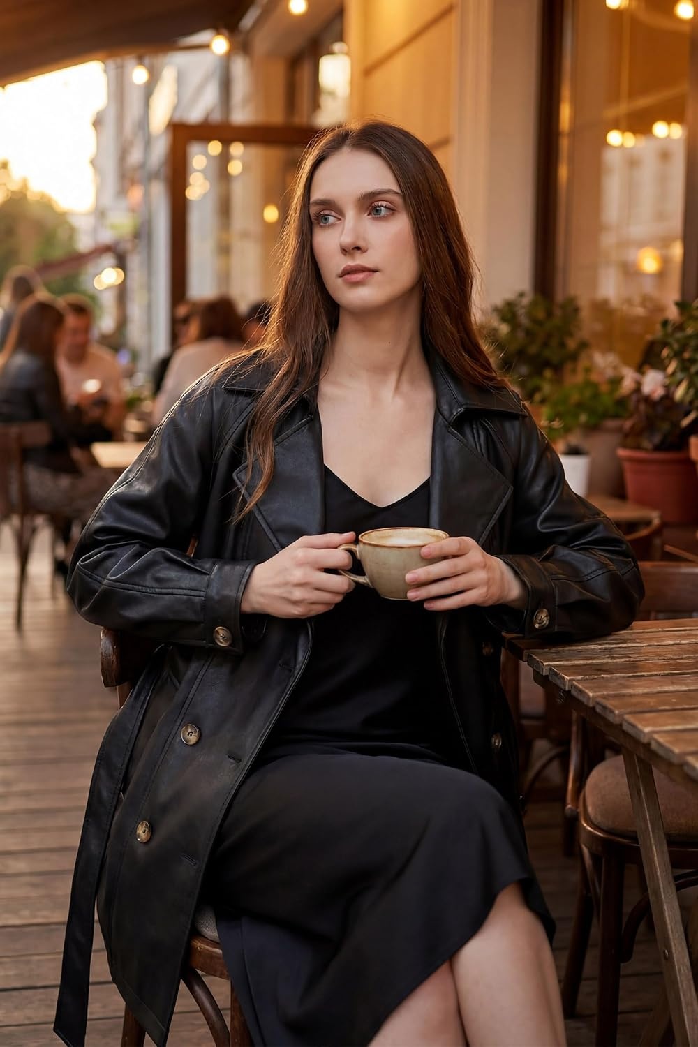 image:imageRISISSIDA Women Faux Leather Long JacketMid Length Trench CoatRelaxed Fit Double BreastedRemovable BeltLapelSoft Premium Vegan LeatherSpring Fall TransitionalBlackthigh Lengthdouble Breastedrelaxed