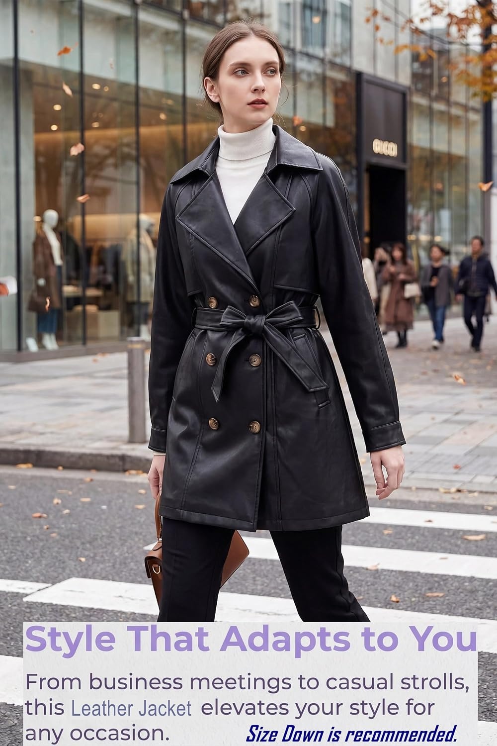 image:imageRISISSIDA Women Faux Leather Long JacketMid Length Trench CoatRelaxed Fit Double BreastedRemovable BeltLapelSoft Premium Vegan LeatherSpring Fall TransitionalBlackthigh Lengthdouble Breastedrelaxed