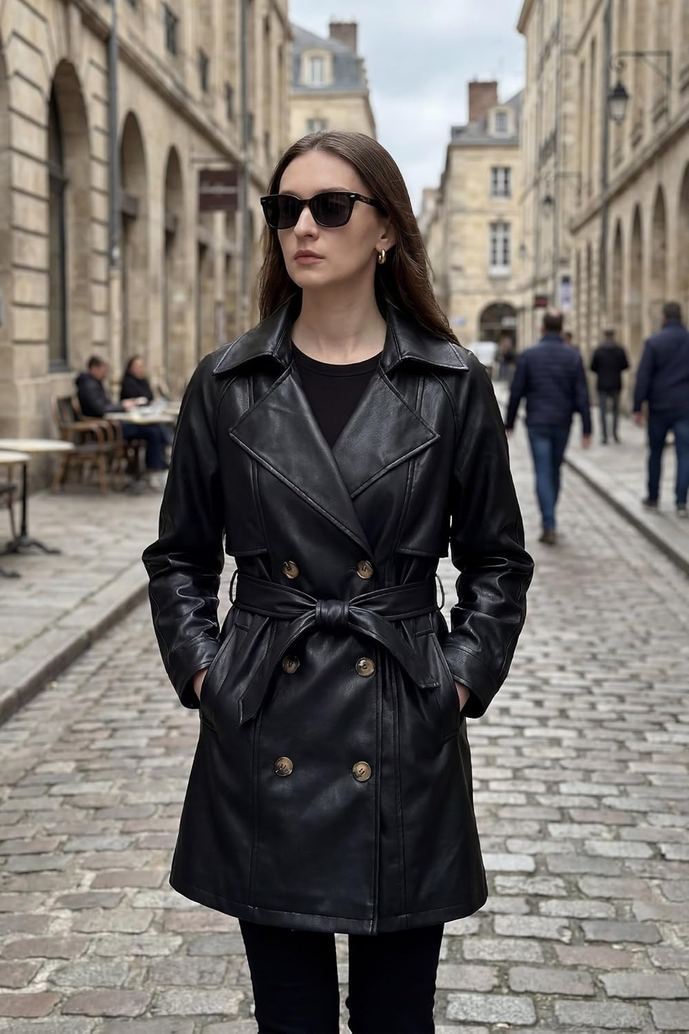 image:imageRISISSIDA Women Faux Leather Long JacketMid Length Trench CoatRelaxed Fit Double BreastedRemovable BeltLapelSoft Premium Vegan LeatherSpring Fall TransitionalBlackthigh Lengthdouble Breastedrelaxed