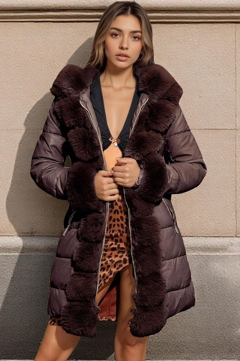 image:imageRISISSIDA Women Winter Puffer Leather Coat with Fur Trim Hooded ColdresistantFaux Fur Lined Long Quilted Puffy JacketWarm Collar Down Thicken Bubble Overcoat for Extreme WeatherGirdleBurgundy Wine