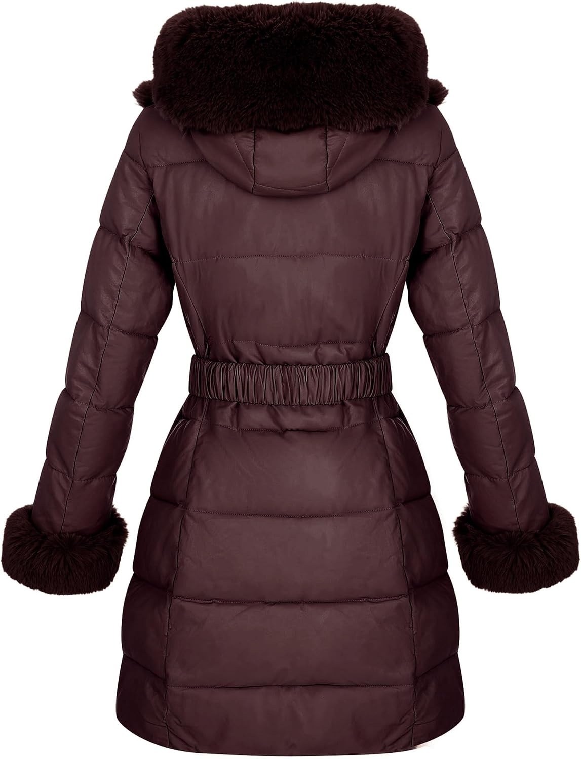 image:imageRISISSIDA Women Winter Puffer Leather Coat with Fur Trim Hooded ColdresistantFaux Fur Lined Long Quilted Puffy JacketWarm Collar Down Thicken Bubble Overcoat for Extreme WeatherGirdleBurgundy Wine