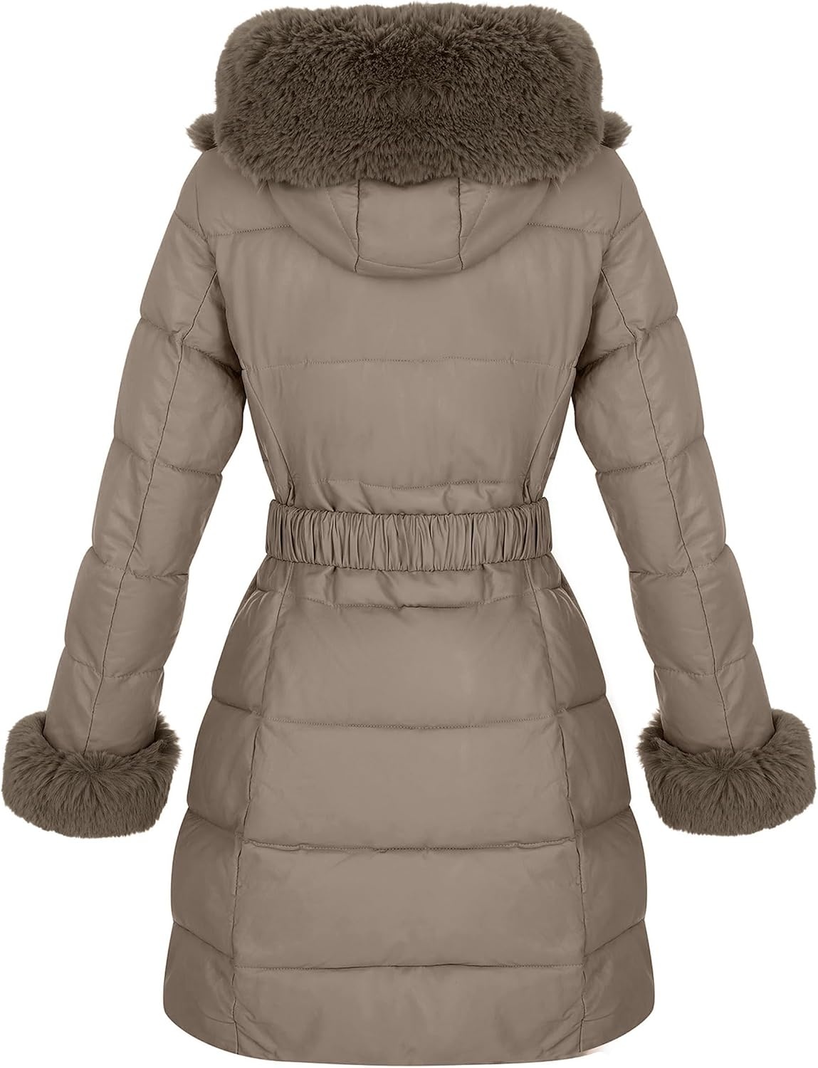 image:imageRISISSIDA Women Winter Puffer Leather Coat with Fur Trim Hooded ColdresistantFaux Fur Lined Long Quilted Puffy JacketWarm Collar Down Thicken Bubble Overcoat for Extreme WeatherGirdleGray