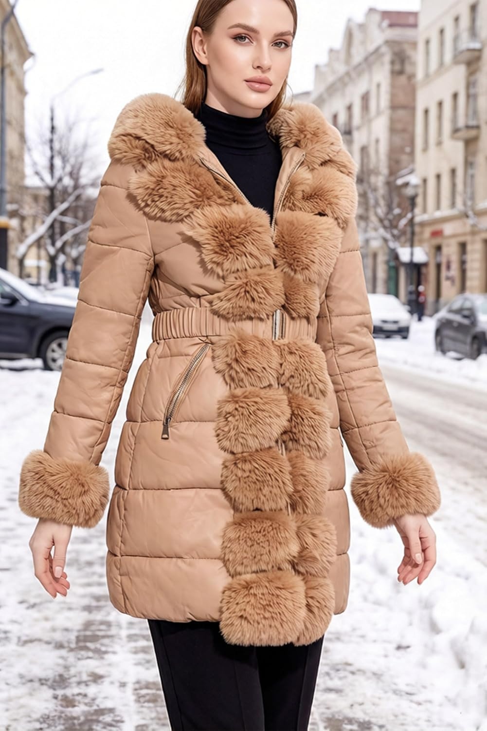 image:imageRISISSIDA Women Winter Puffer Leather Coat with Fur Trim Hooded ColdresistantFaux Fur Lined Long Quilted Puffy JacketWarm Collar Down Thicken Bubble Overcoat for Extreme WeatherGirdleApricot Orange