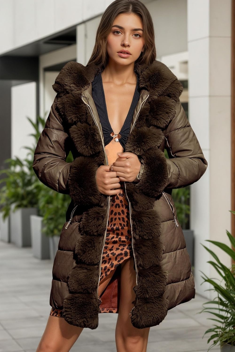 image:imageRISISSIDA Women Winter Puffer Leather Coat with Fur Trim Hooded ColdresistantFaux Fur Lined Long Quilted Puffy JacketWarm Collar Down Thicken Bubble Overcoat for Extreme WeatherGirdleBrown